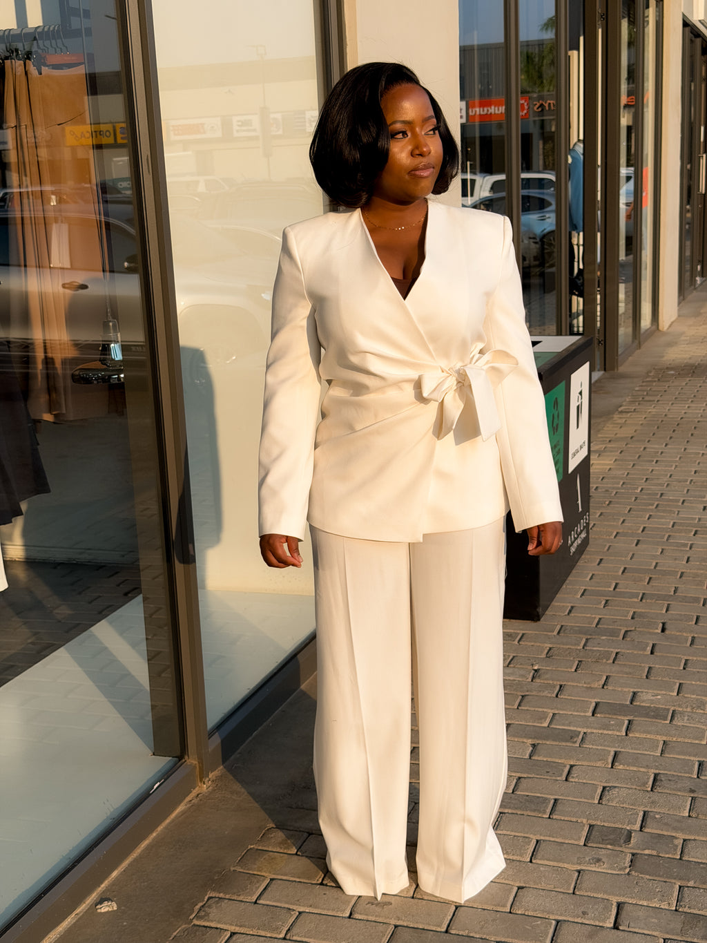 Cream WaistTie Straight Pant Suit