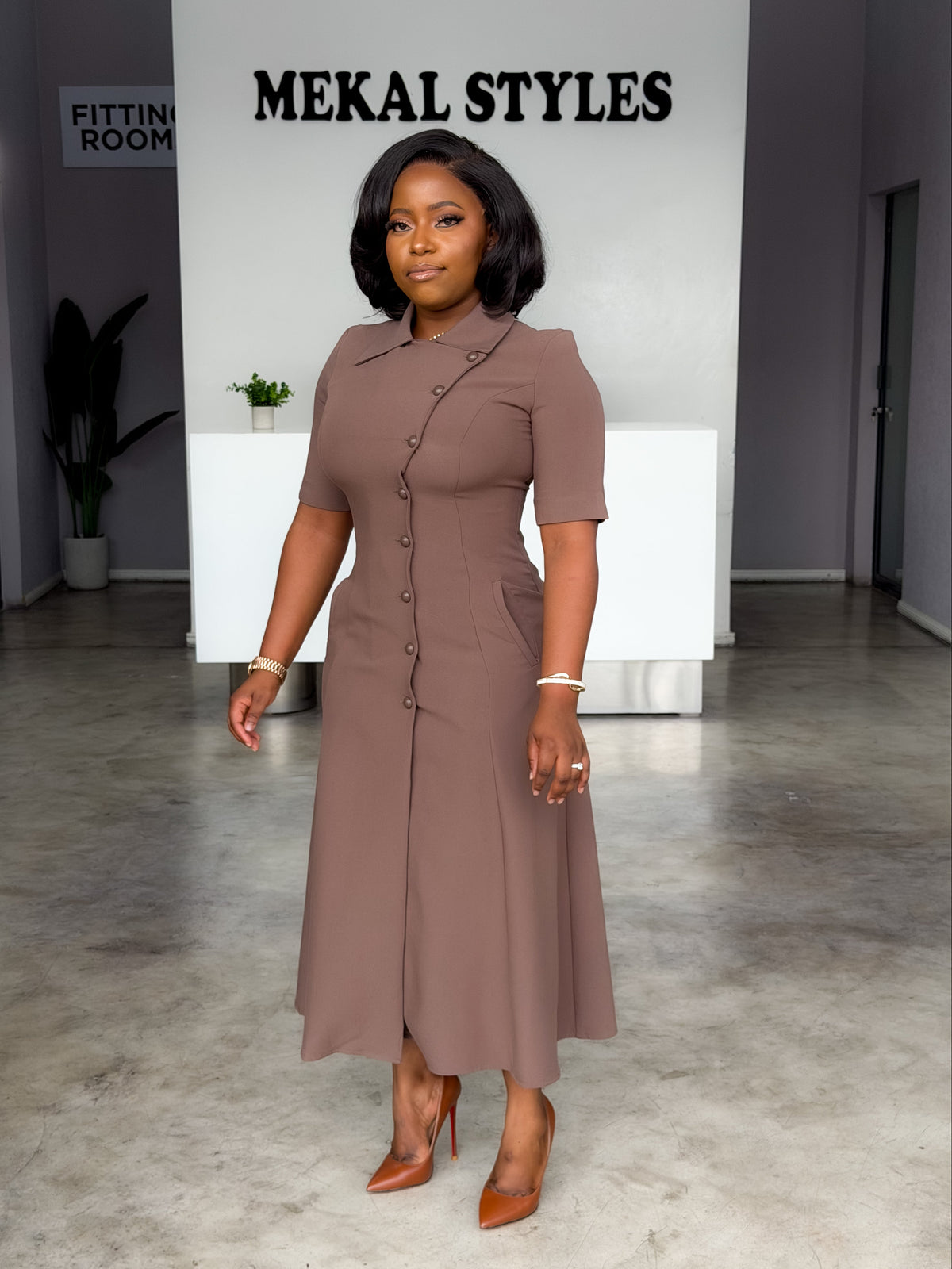 Taupe Asymmetric Buttoned Dress
