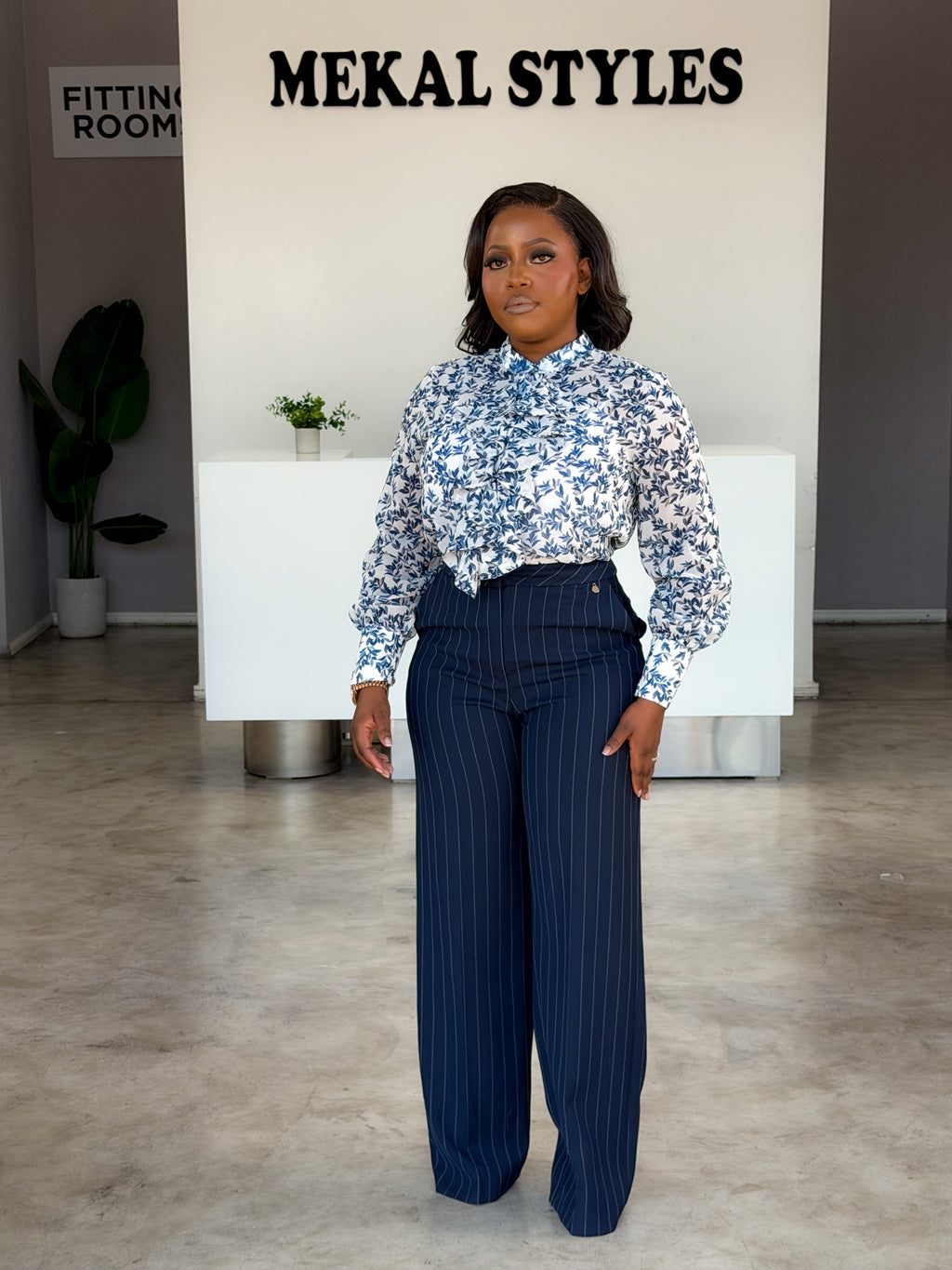 Straight Striped Navy Pants - side view