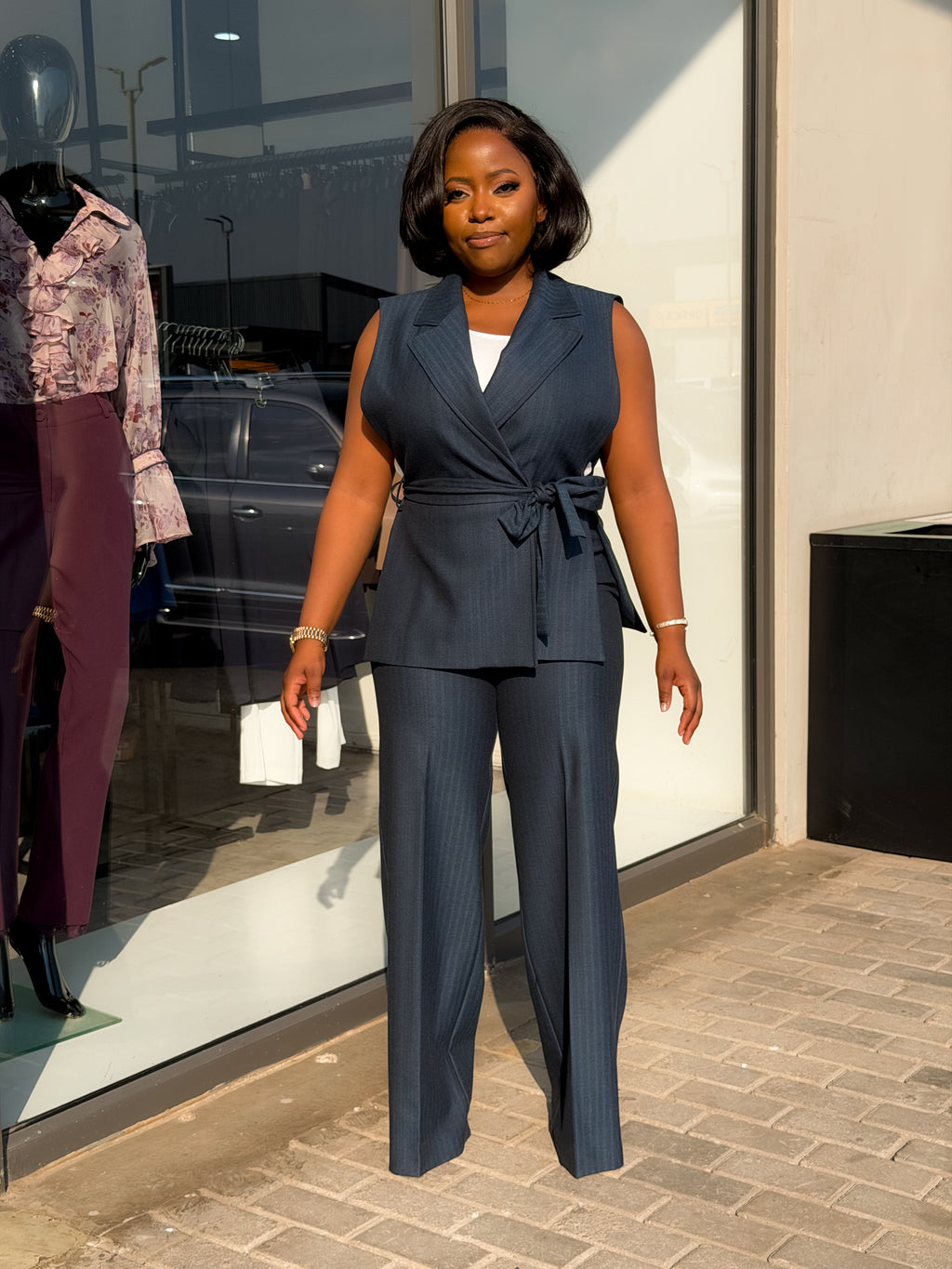 Navy Sleeveless Striped Pant Suit
