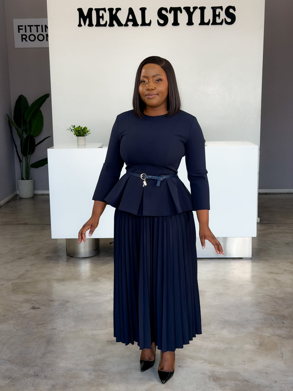 Navy Bottom Pleat Skirt Suit