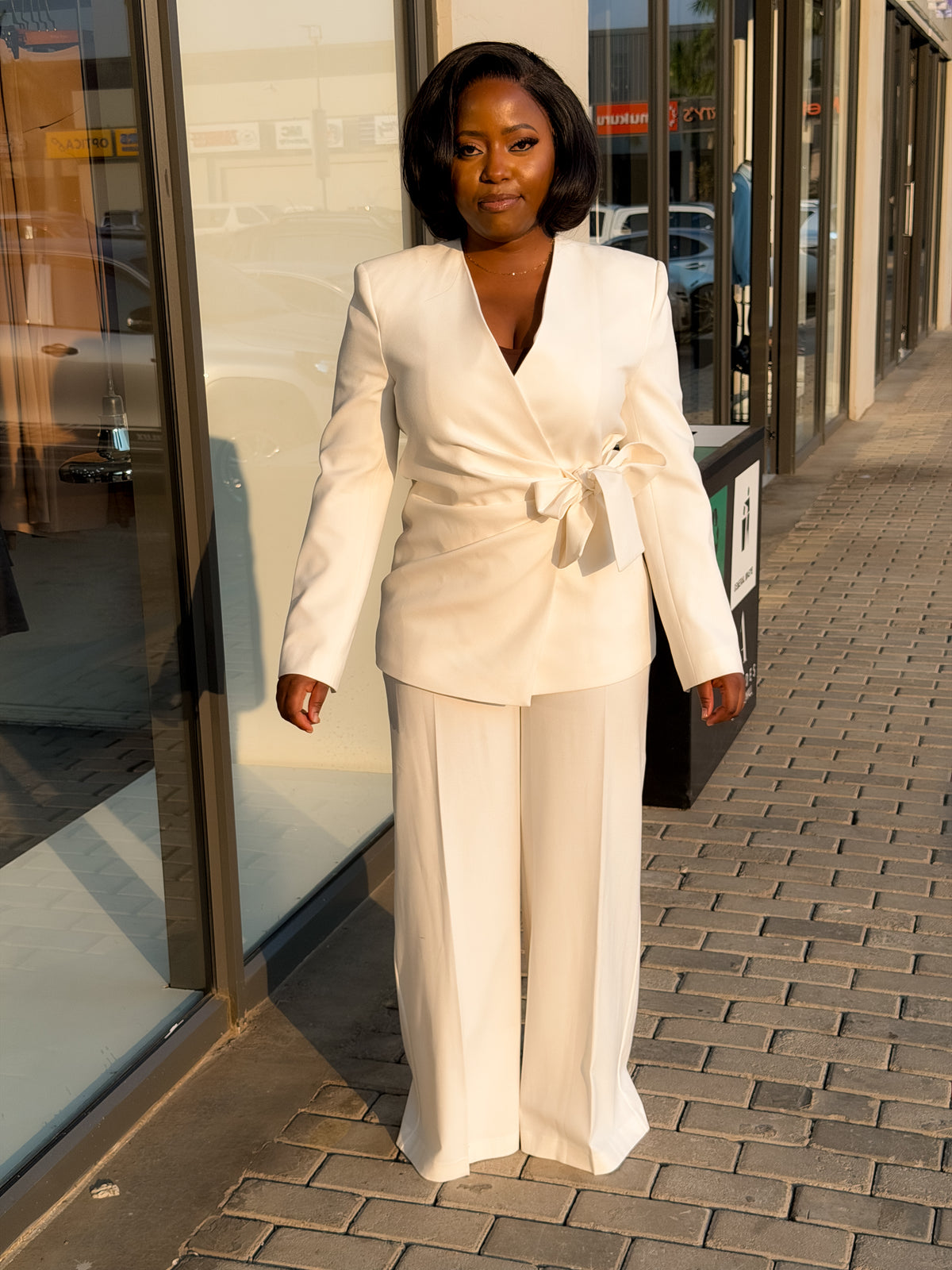 Cream WaistTie Straight Pant Suit