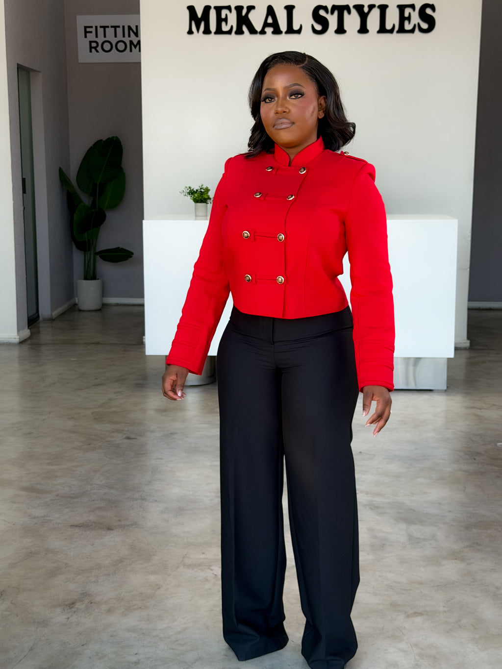 Red Military Blazer Pant Suit.