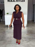 Deep Plum Sleeveless Belted Skirt Suit
