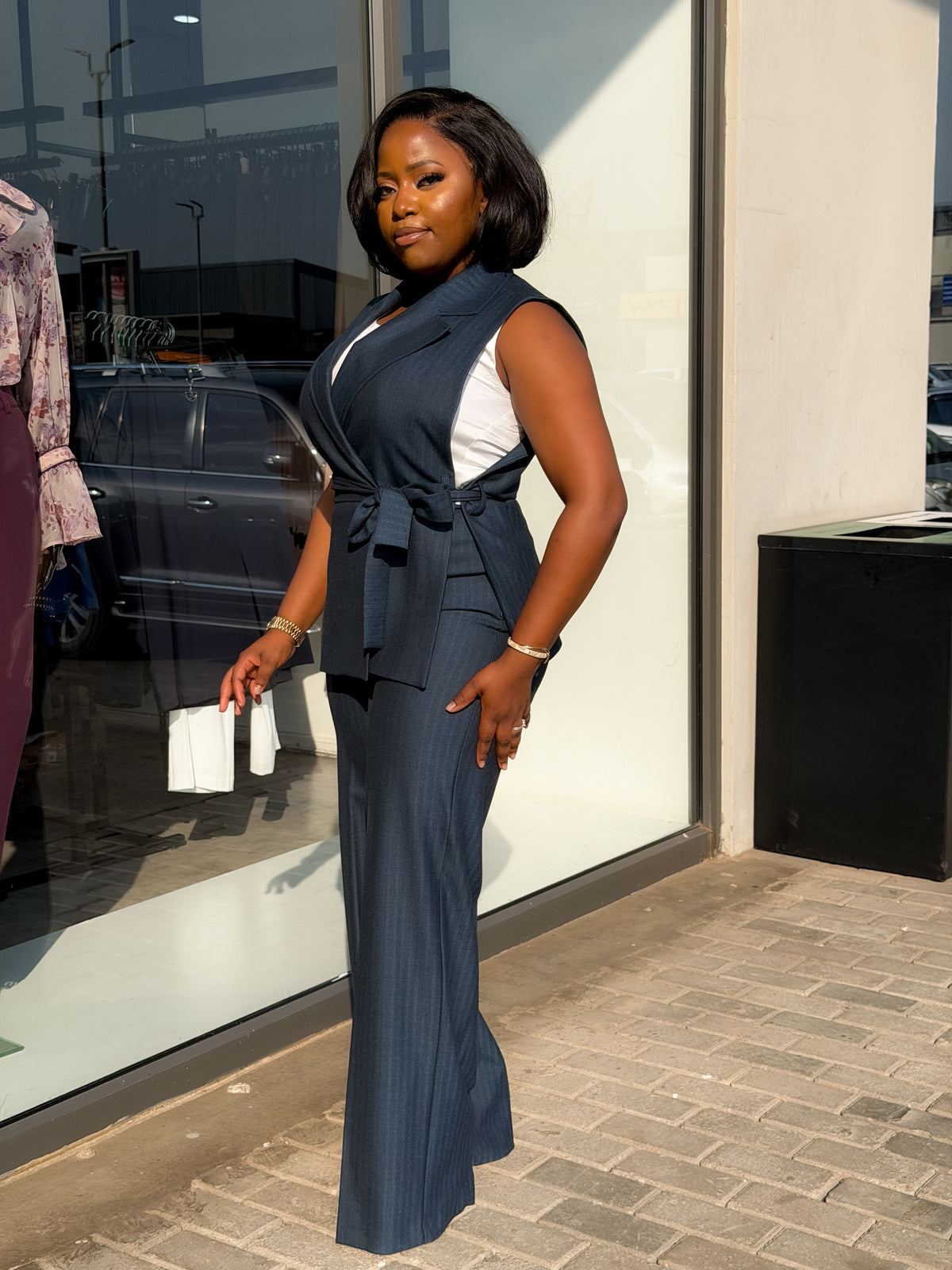 Navy Sleeveless Striped Pant Suit