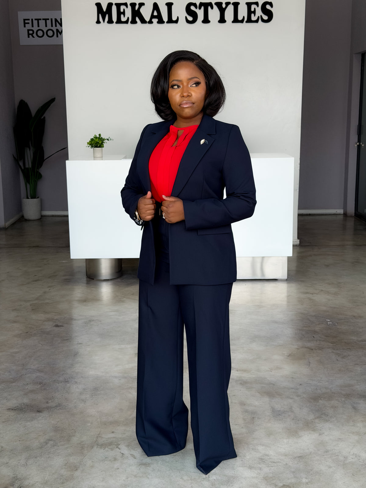 Navy Flap Pocket Straight Pant Suit