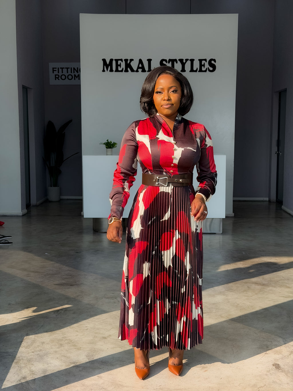 Maroon-Brown Patch Belted Dress