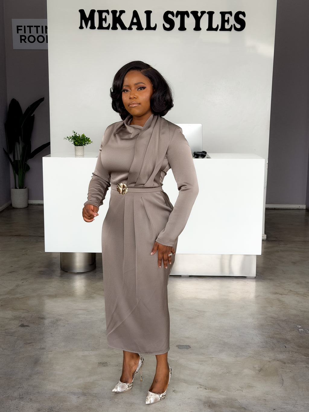 Taupe Cowl Dress