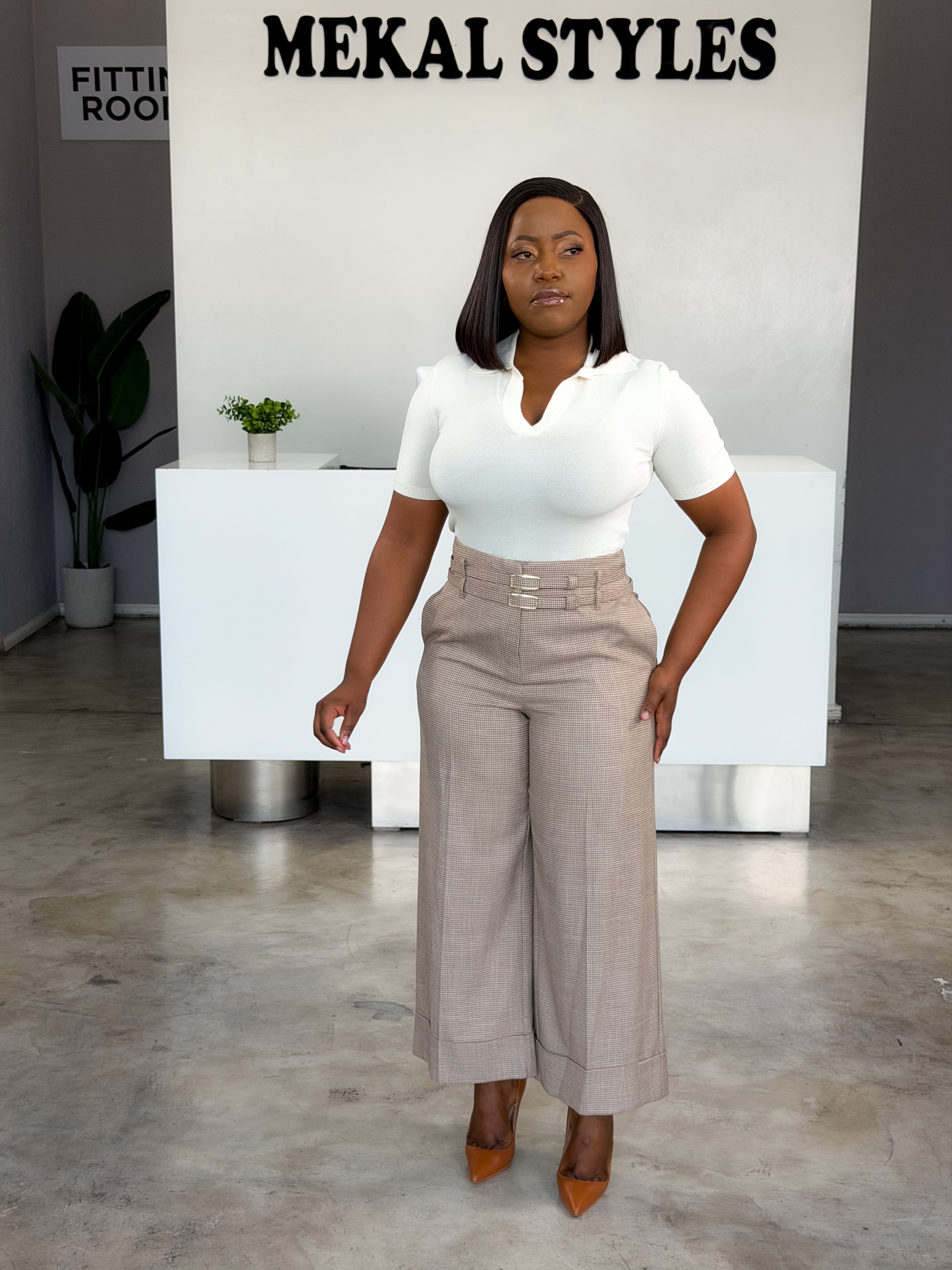 Camel Houndstooth Bottom Fold Pants
