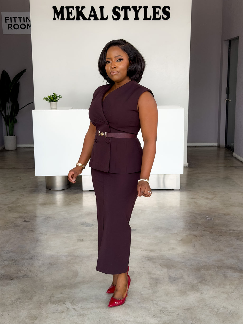 Deep Plum Sleeveless Belted Skirt Suit