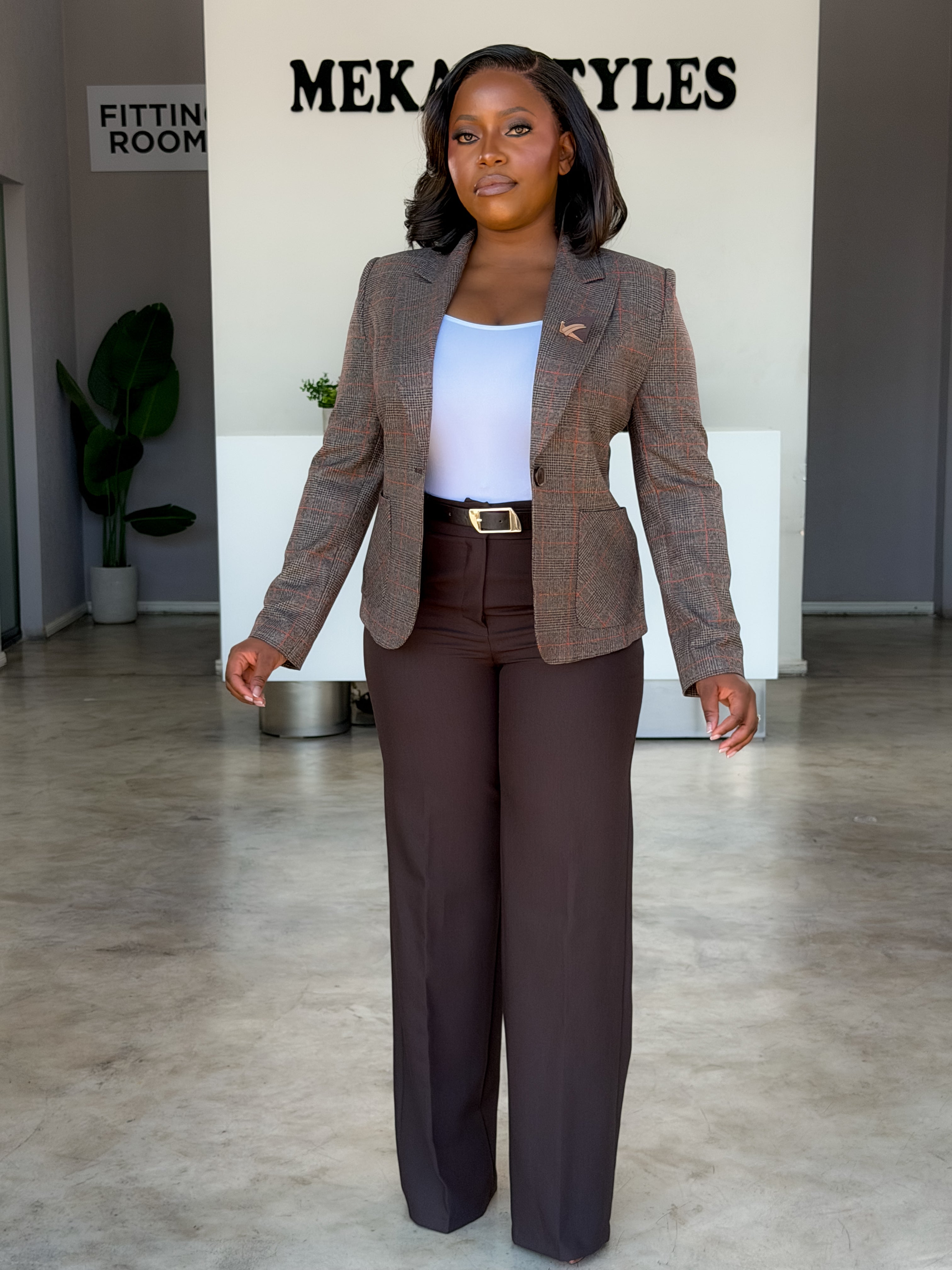Mocha Plaid Mismatch Pant Suit.