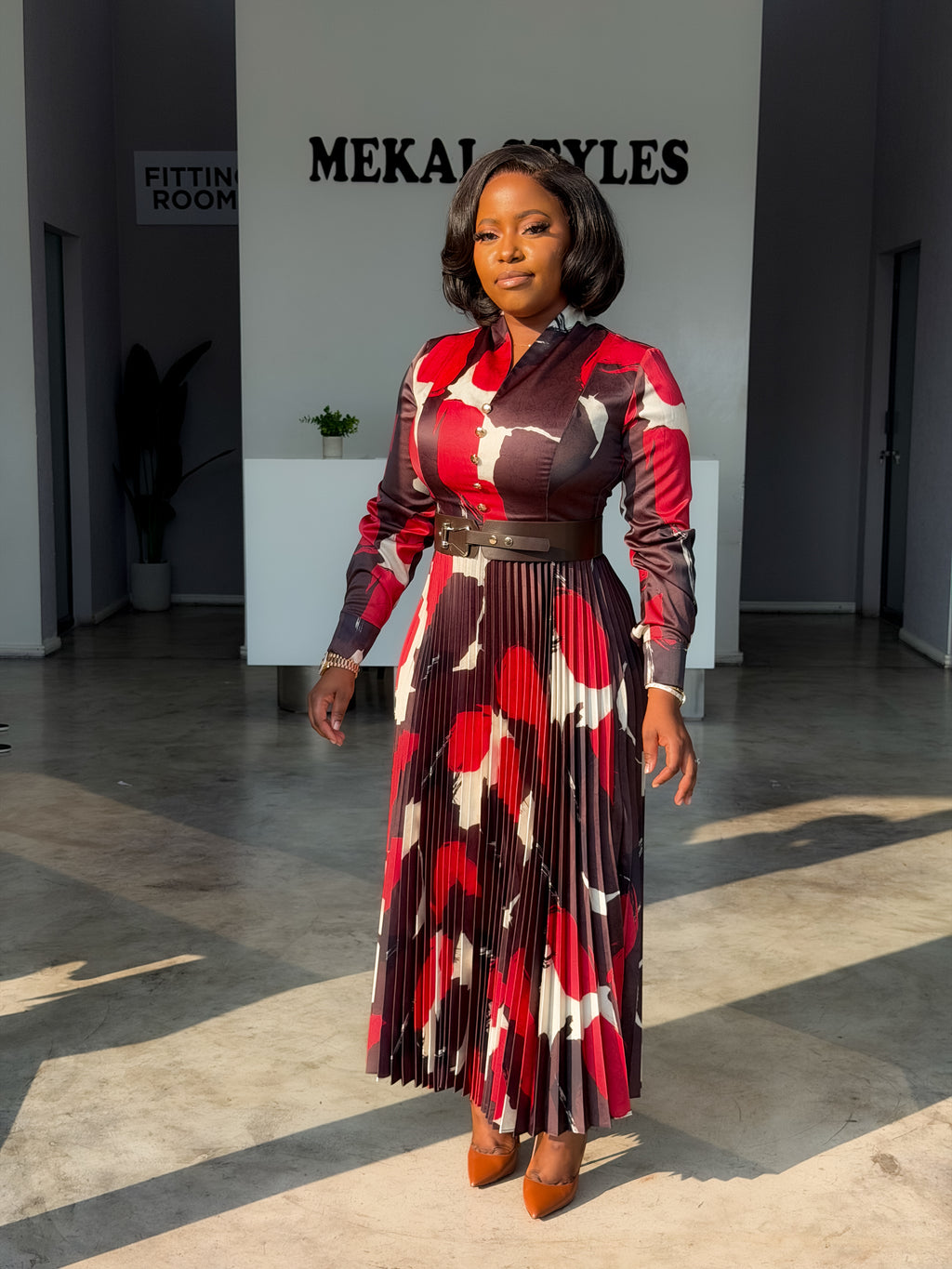 Maroon-Brown Patch Belted Dress