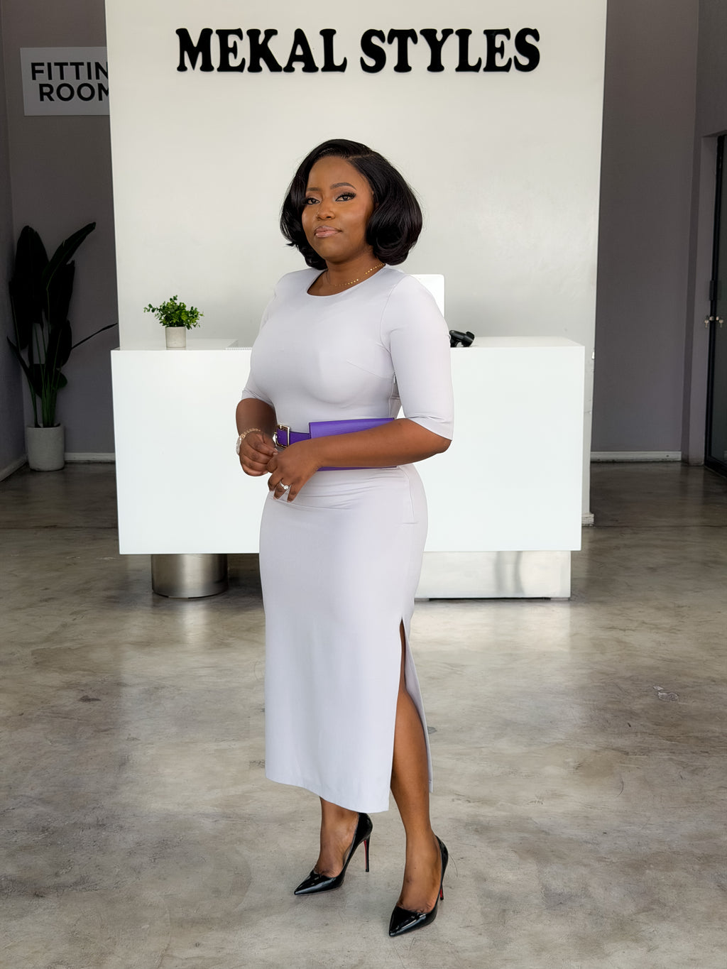 Pale Grey Belted Dress