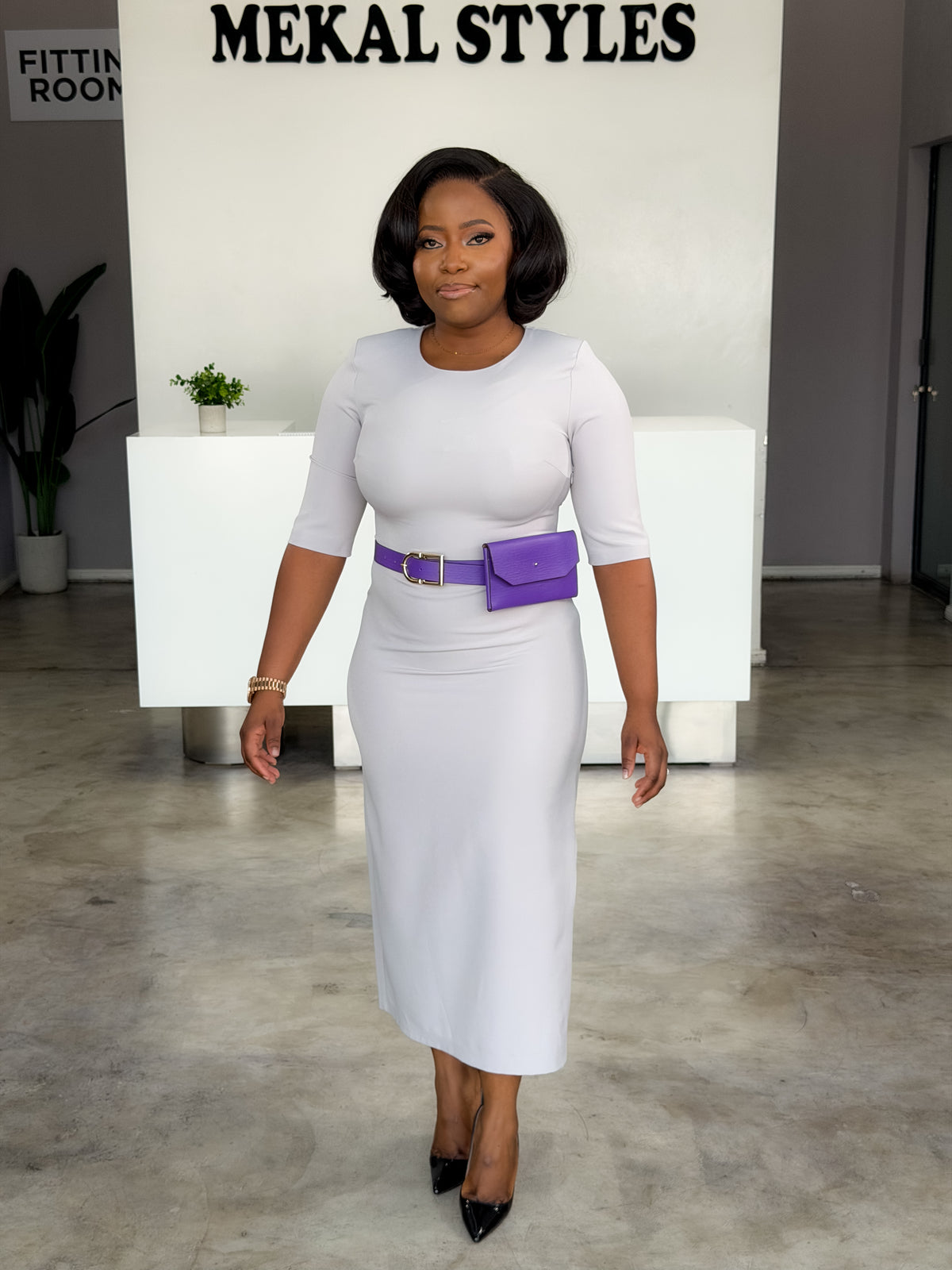 Pale Grey Belted Dress
