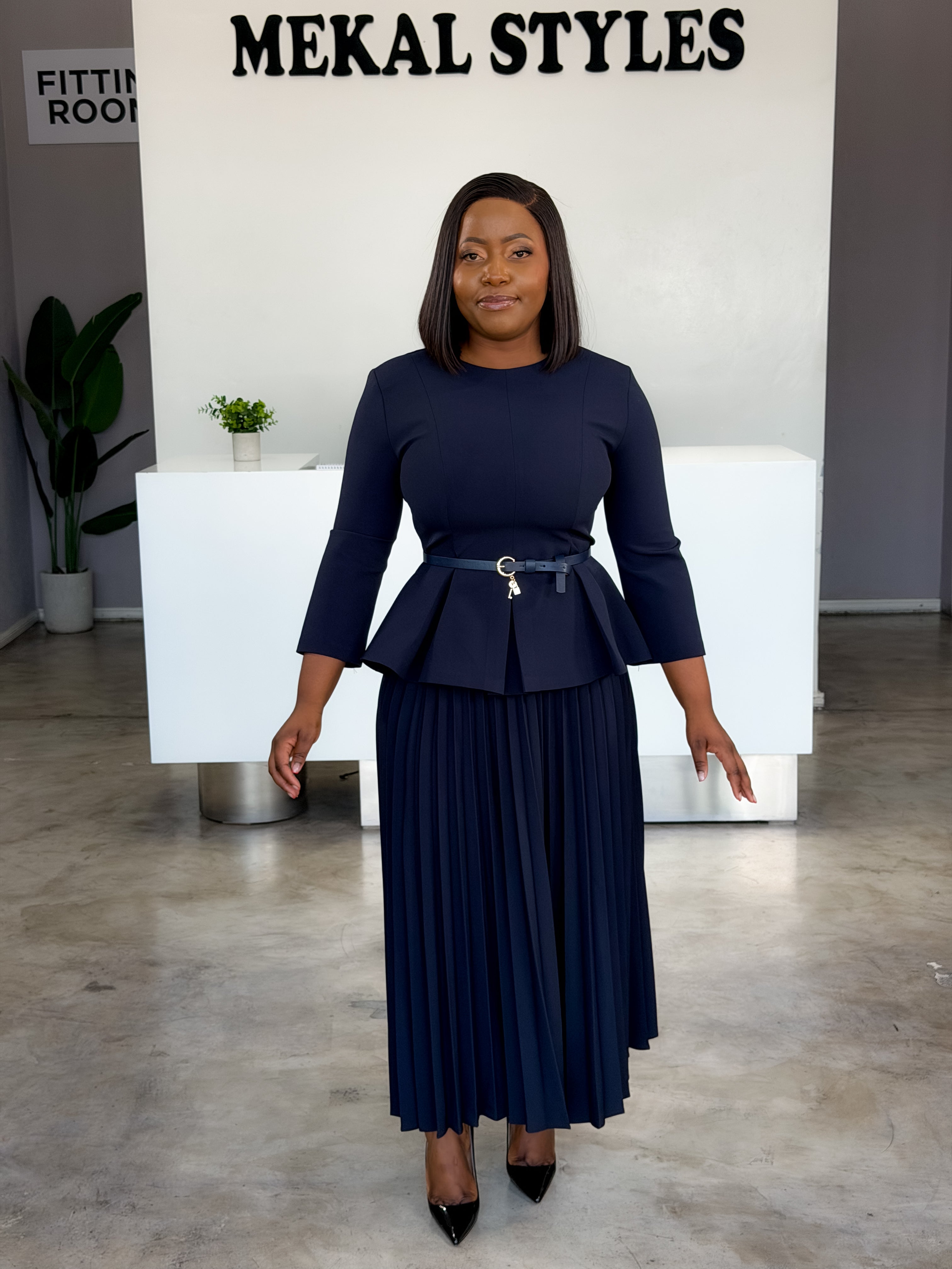 Navy Bottom Pleat Skirt Suit