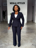 Navy Peplum Belted Straight Pant Suit