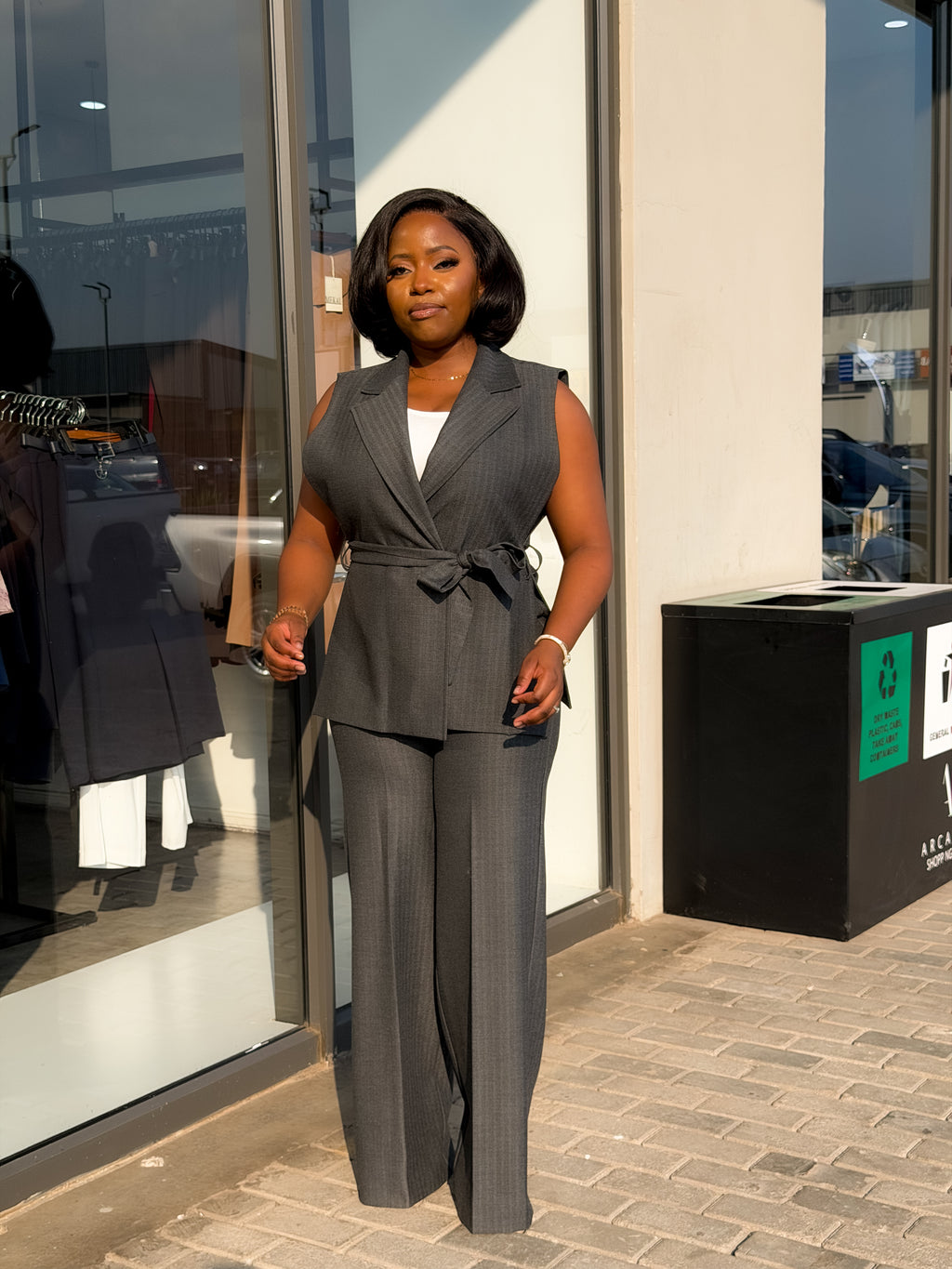 Grey Sleeveless Striped Pant Suit