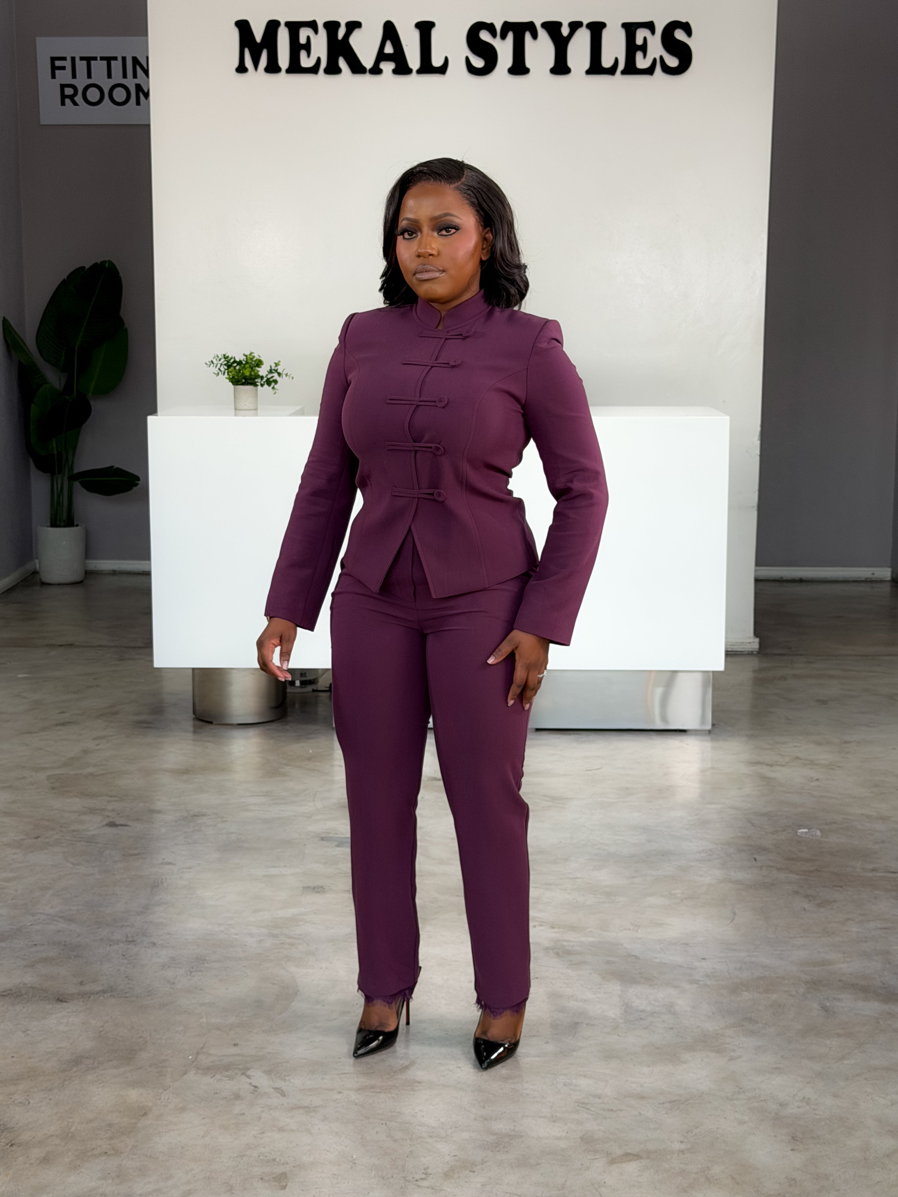 Plum Mandarin Pant Suit.