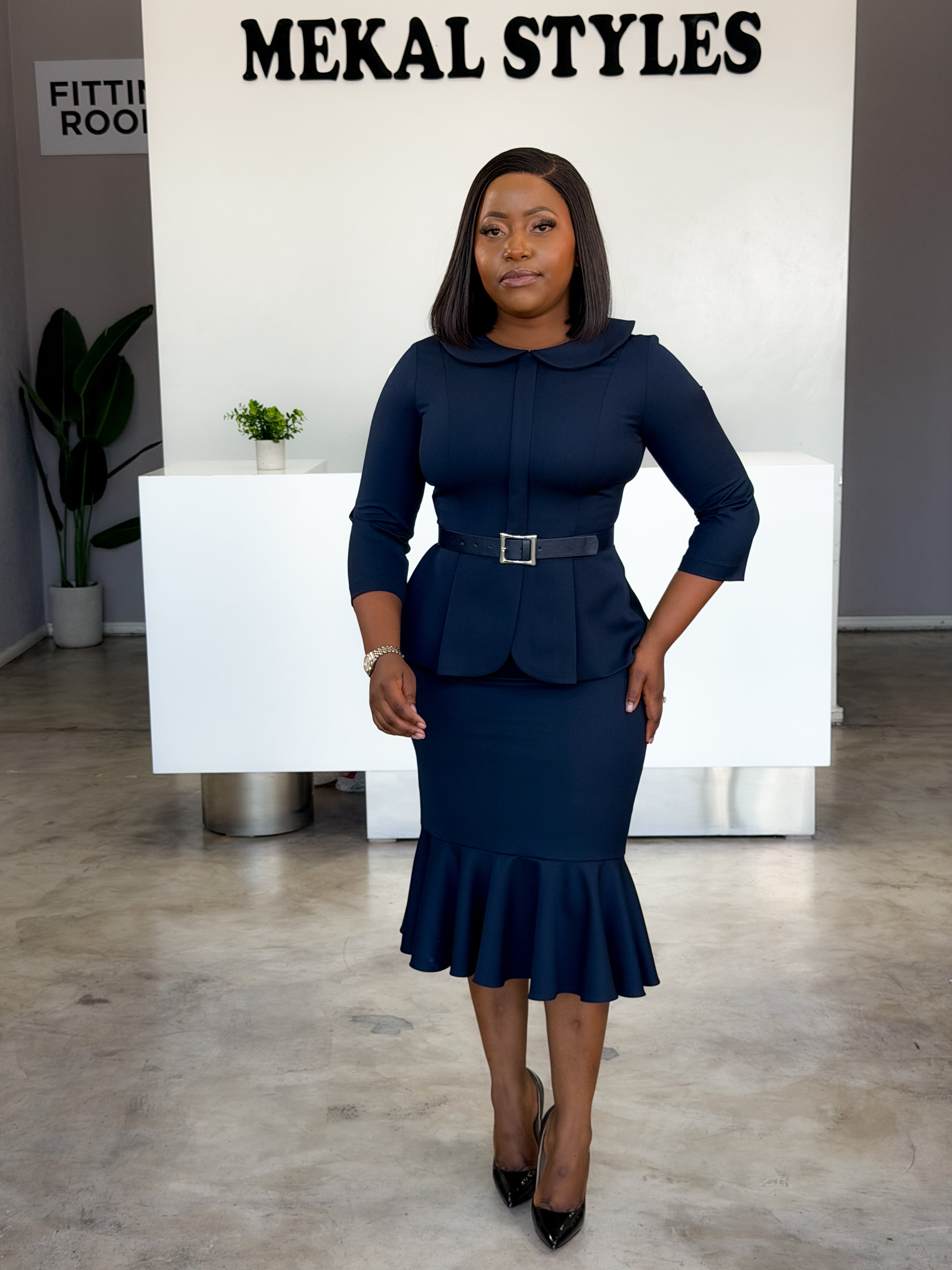 Navy Peplum Belted Dress