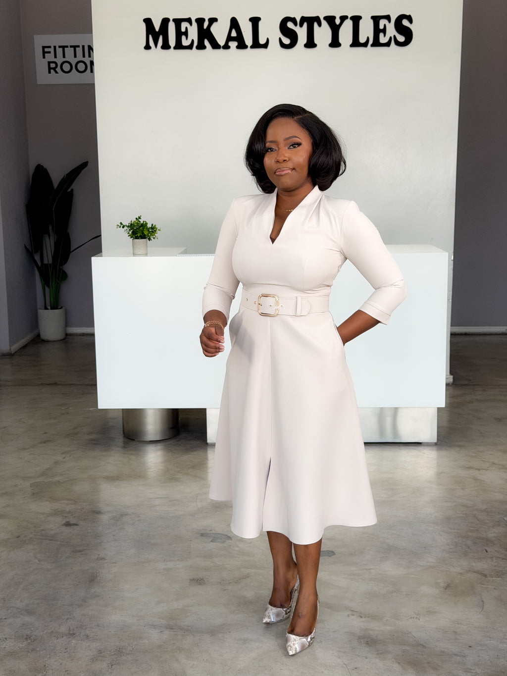 Cream Flared Belted Dresses
