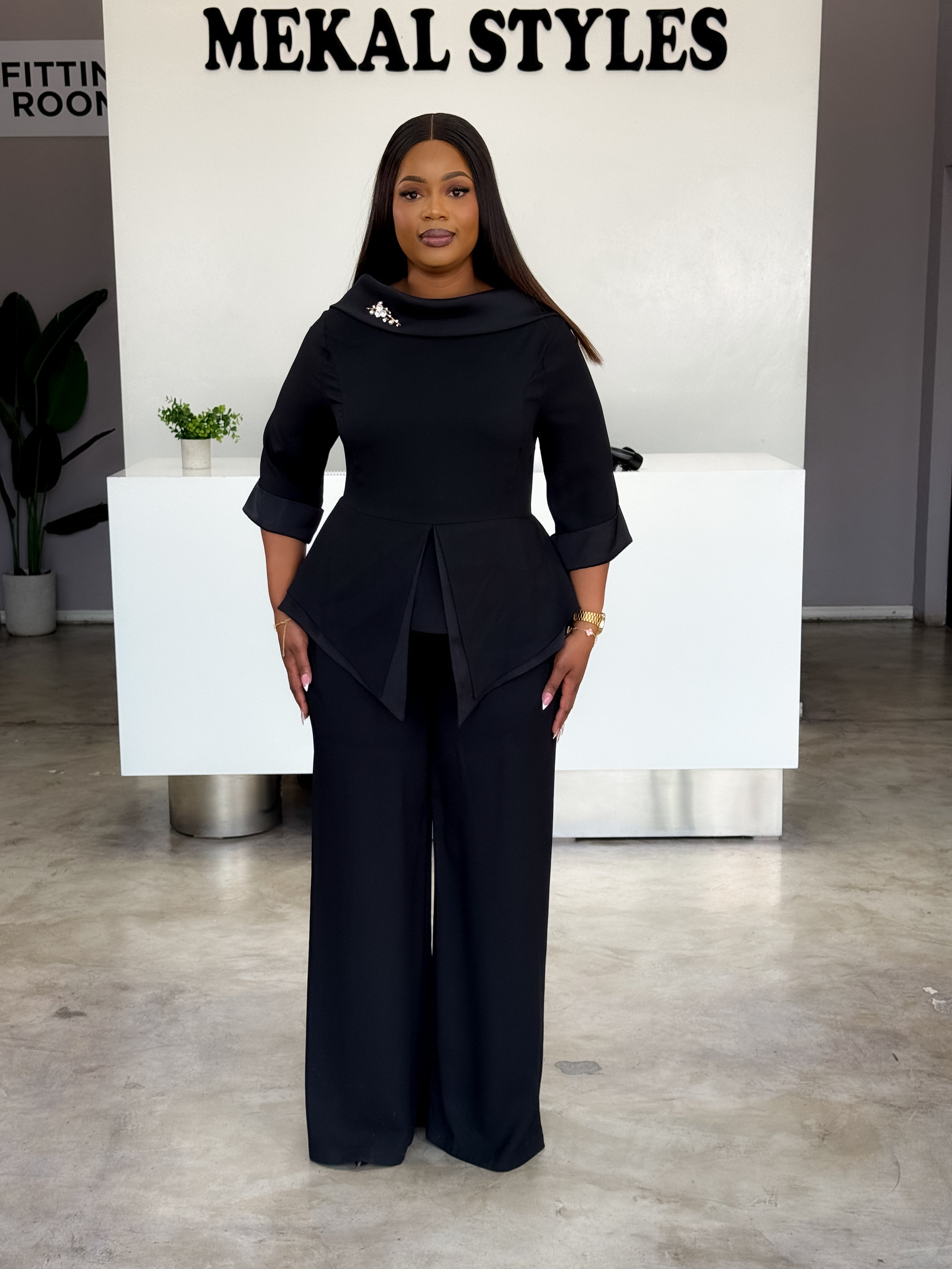 Black Collar Silk Pant Set