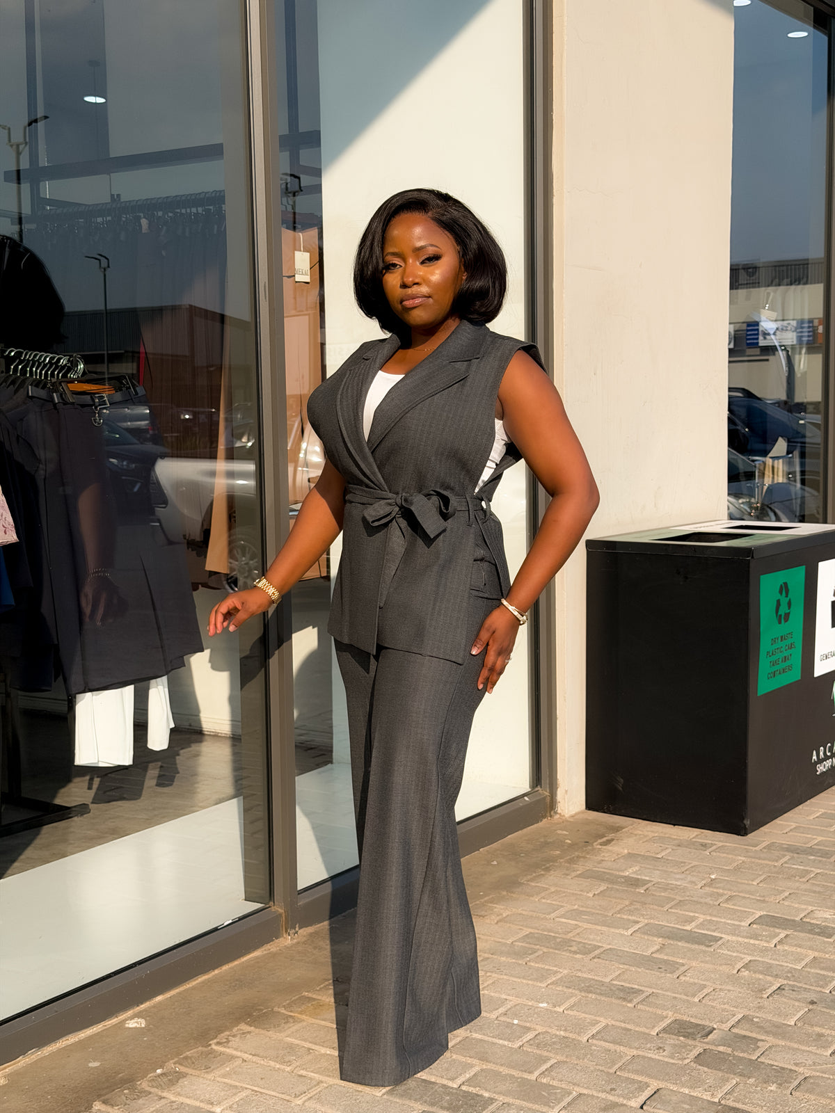 Grey Sleeveless Striped Pant Suit