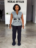 Black Mismatch Sleeveless Belted Pant Suit