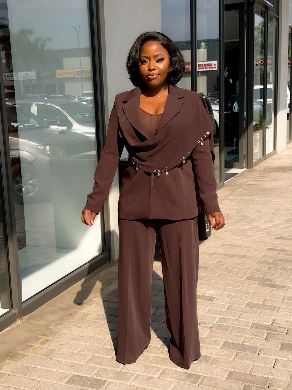 Espresso Accessory Drape Straight Pant Suit