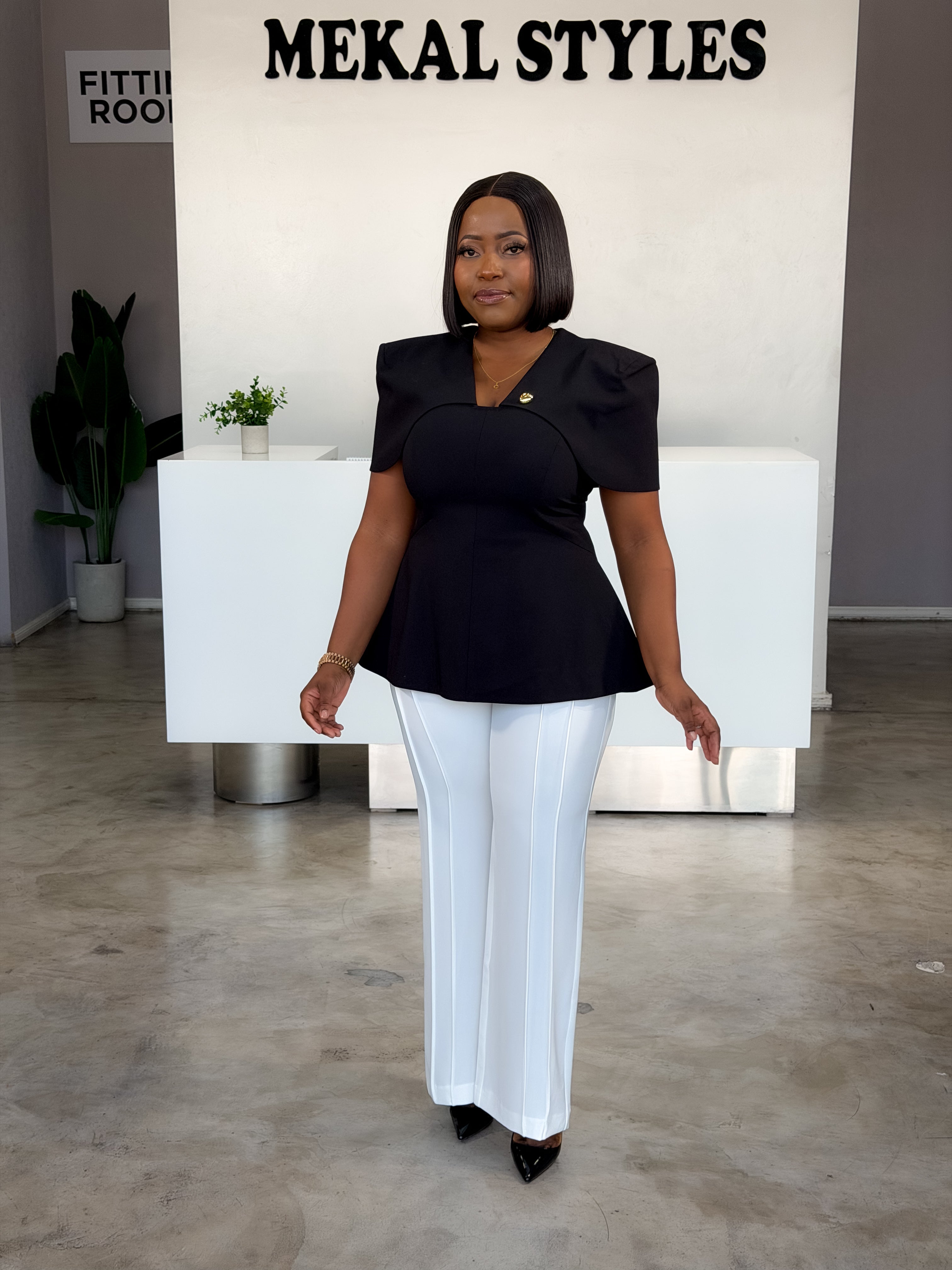 Black-White Peplum Pant Suit