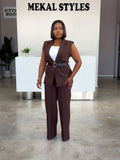Sleeveless Belted Straight Pant Suit