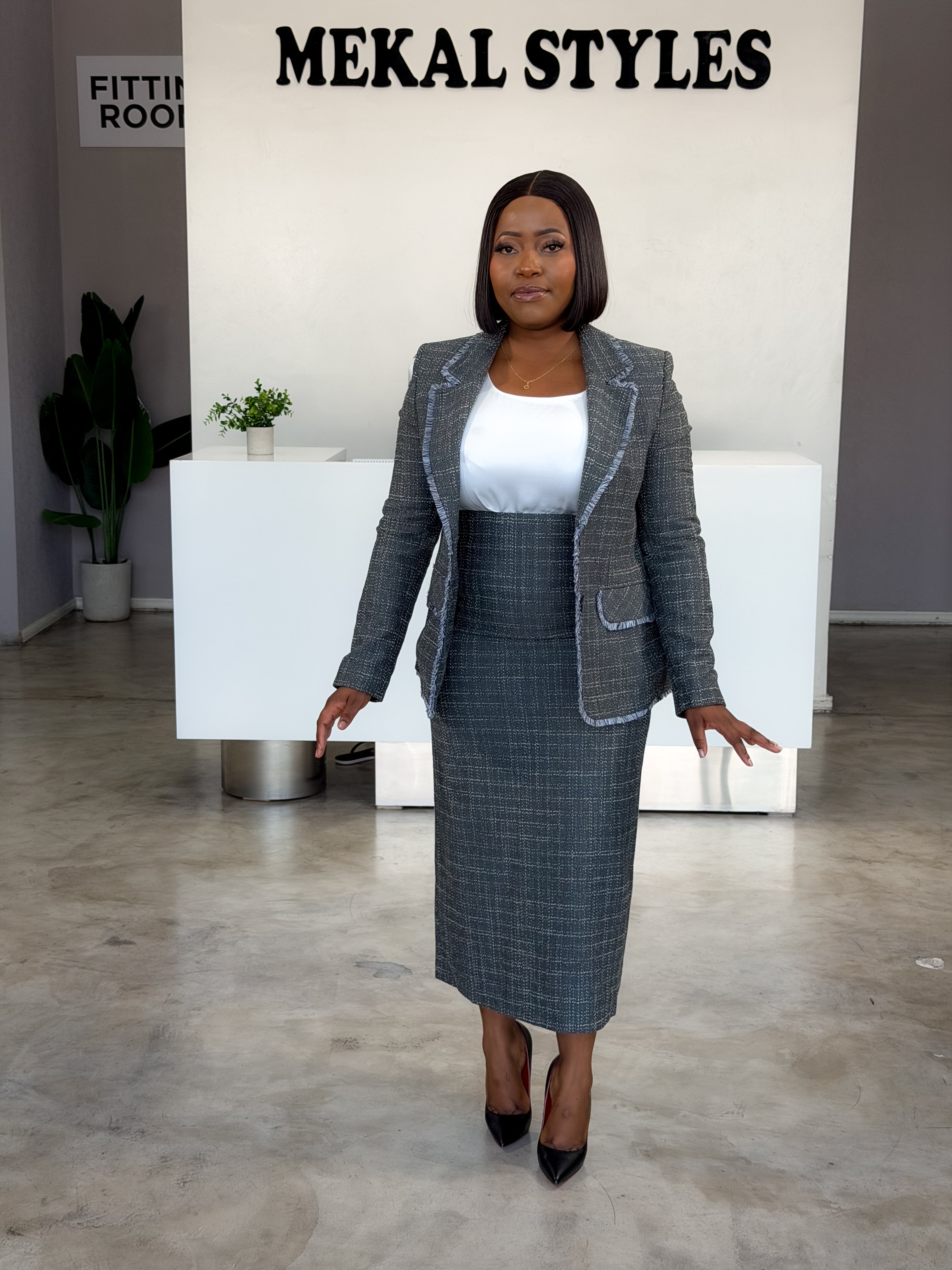 Chic Grey Tweed Skirt Suit