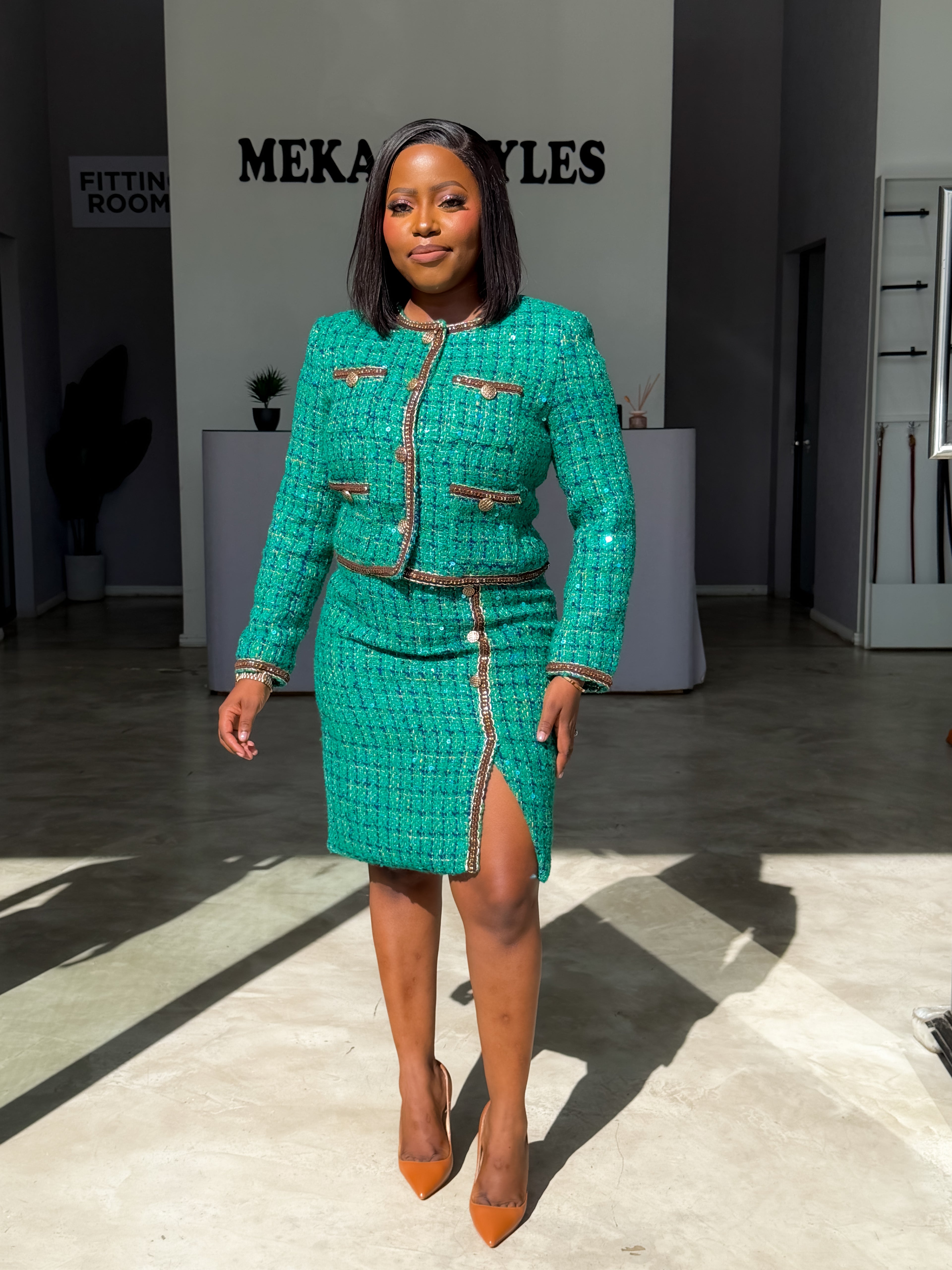 Green Shimmer Skirt Suit.
