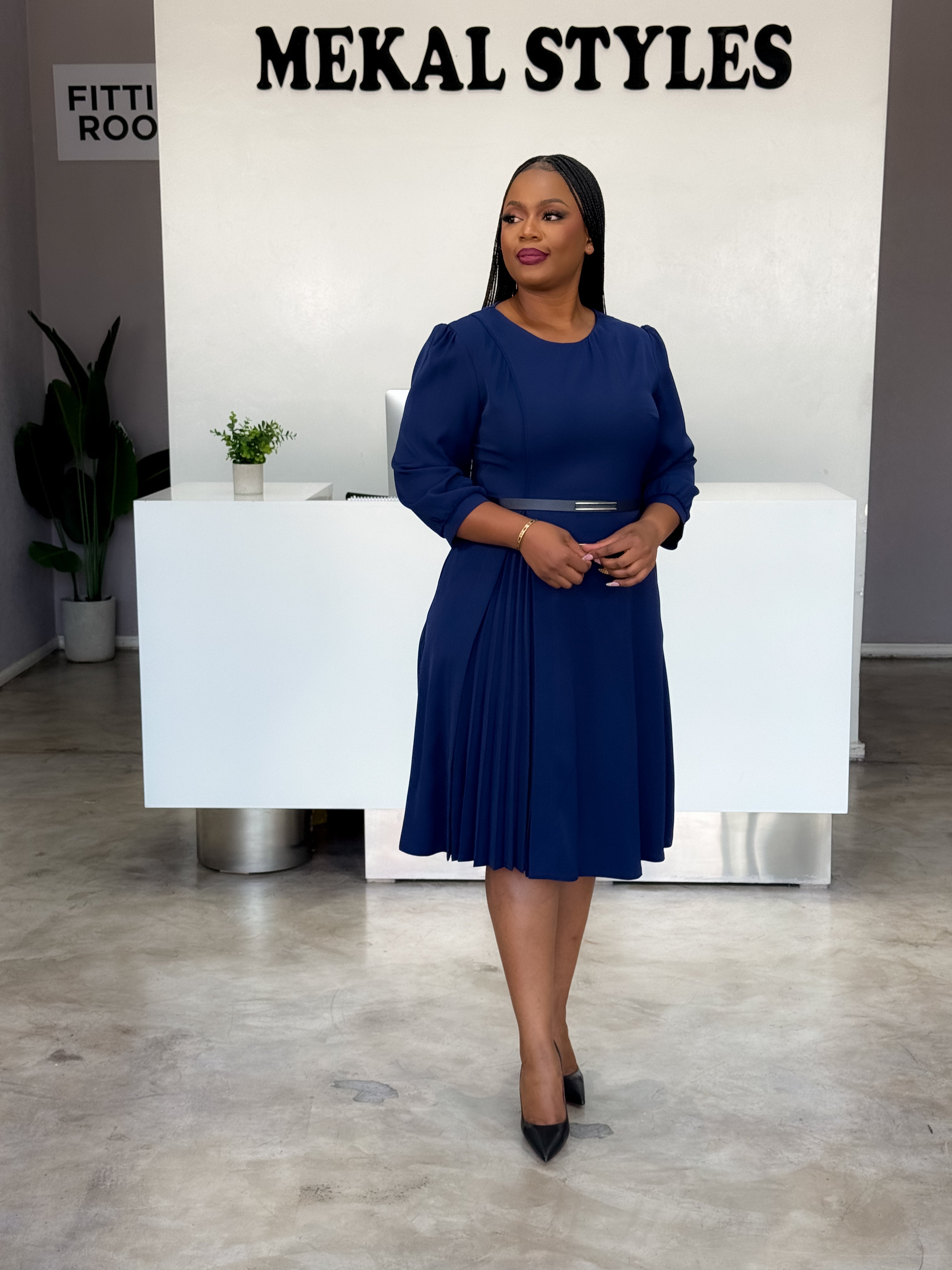 Side Pleat Belted Dresses