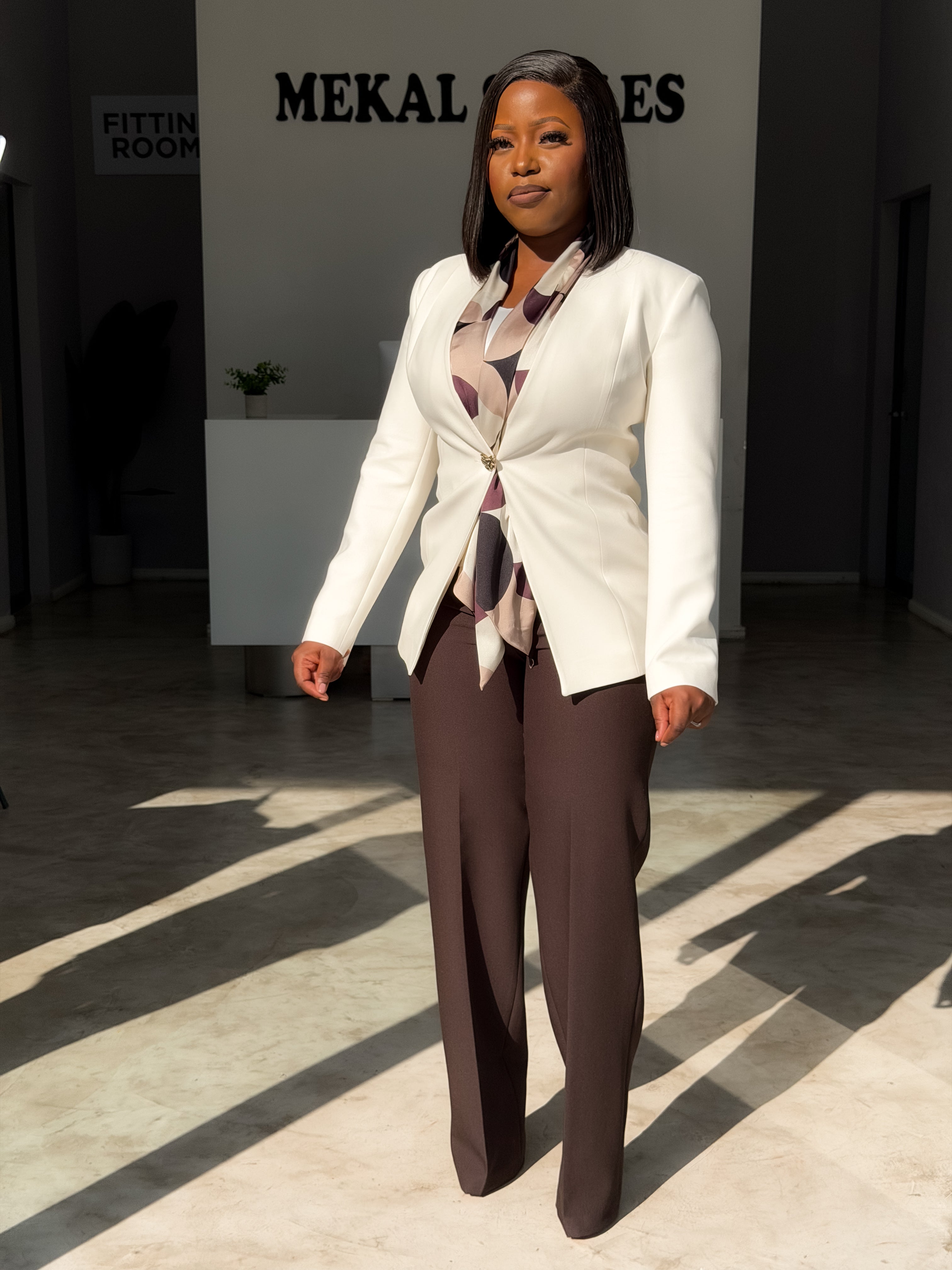 White Brown Straight Pant Suit