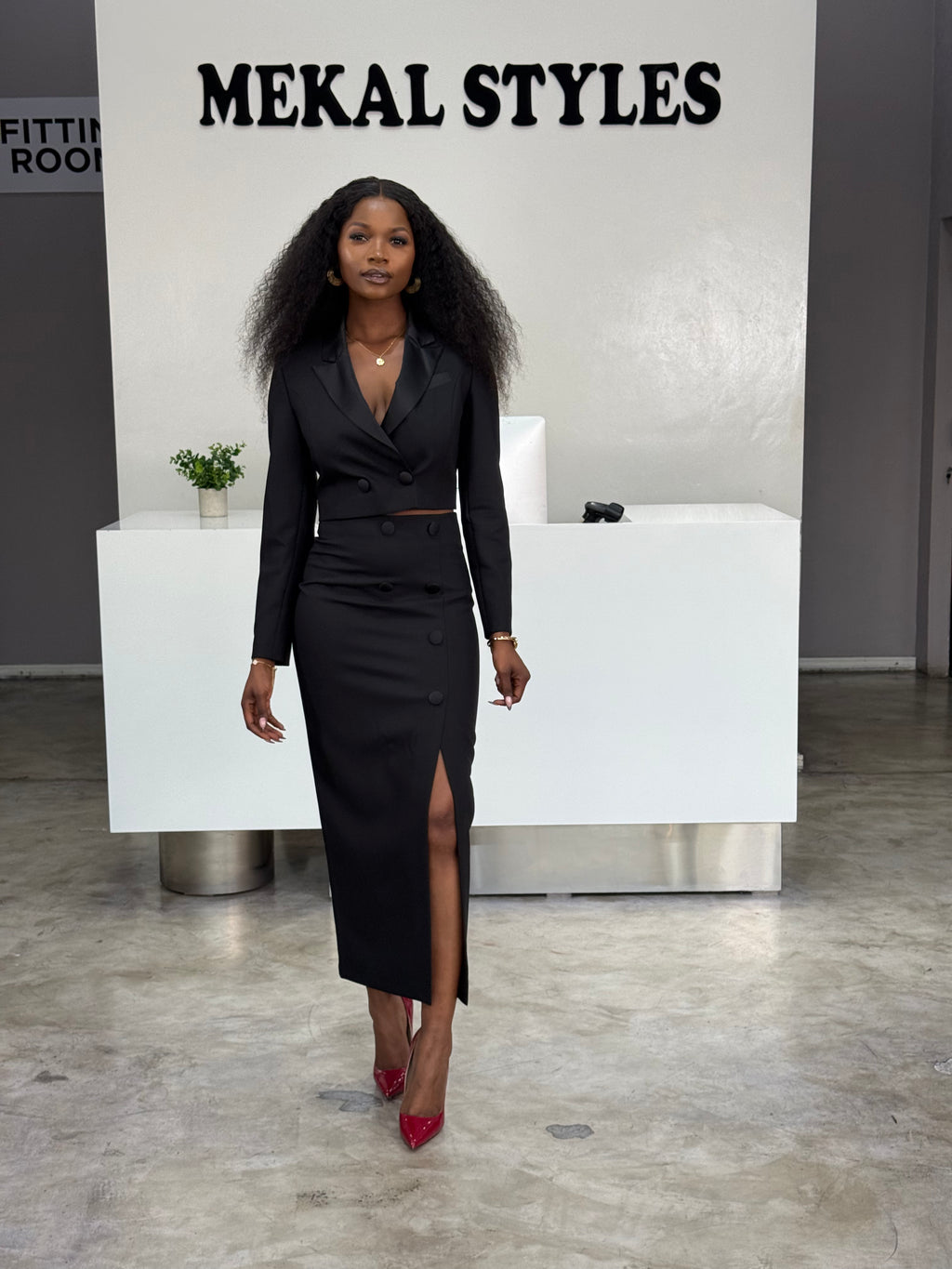 Black Cropped Skirt Suit