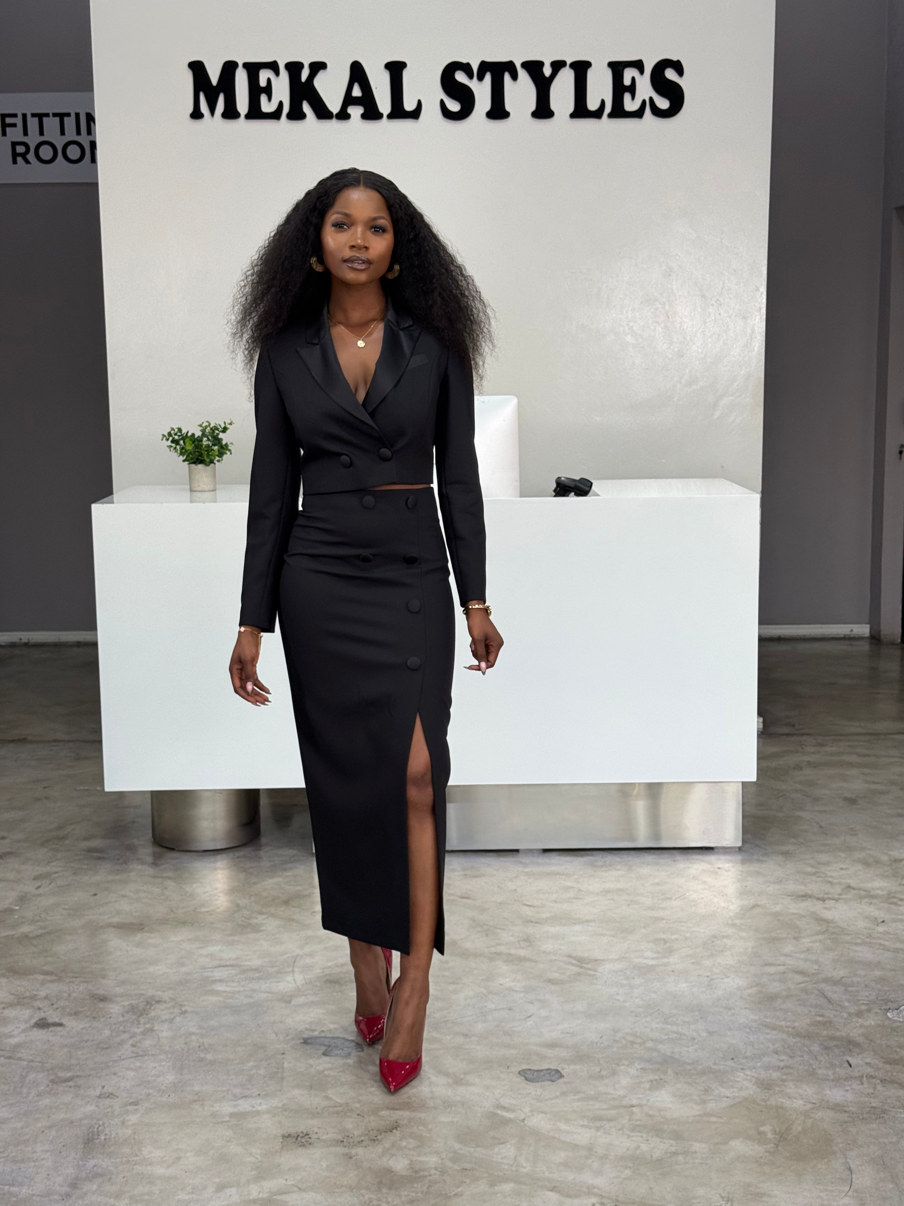 Black Cropped Skirt Suit