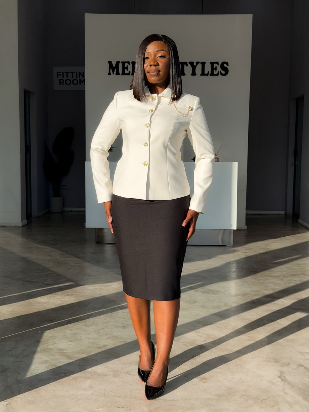White-Black Long Sleeve Skirt Suit