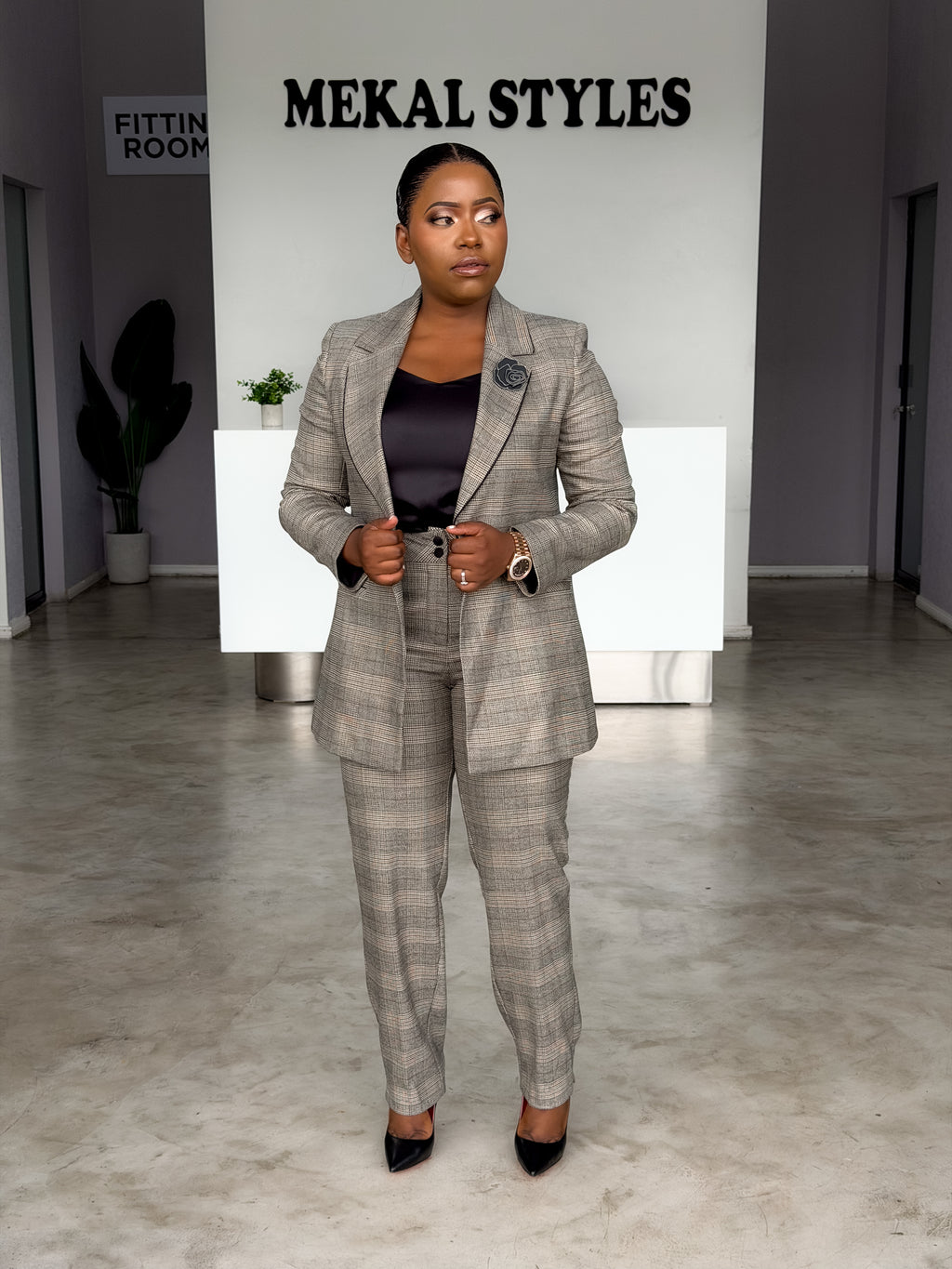 Checked Caramel Long Jacket Pant Suit