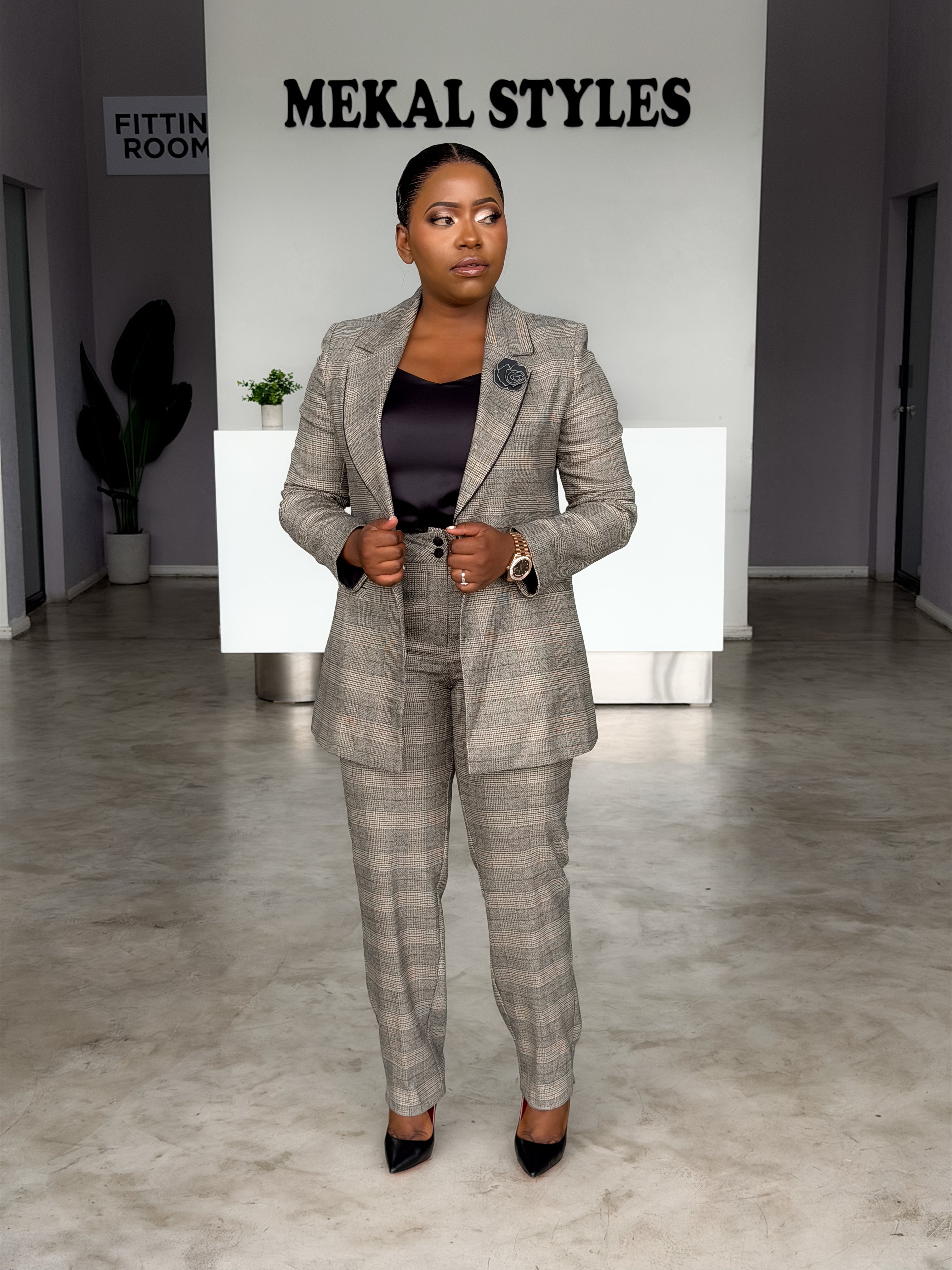 Checked Caramel Long Jacket Pant Suit