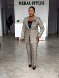Checked Caramel Long Jacket Pant Suit