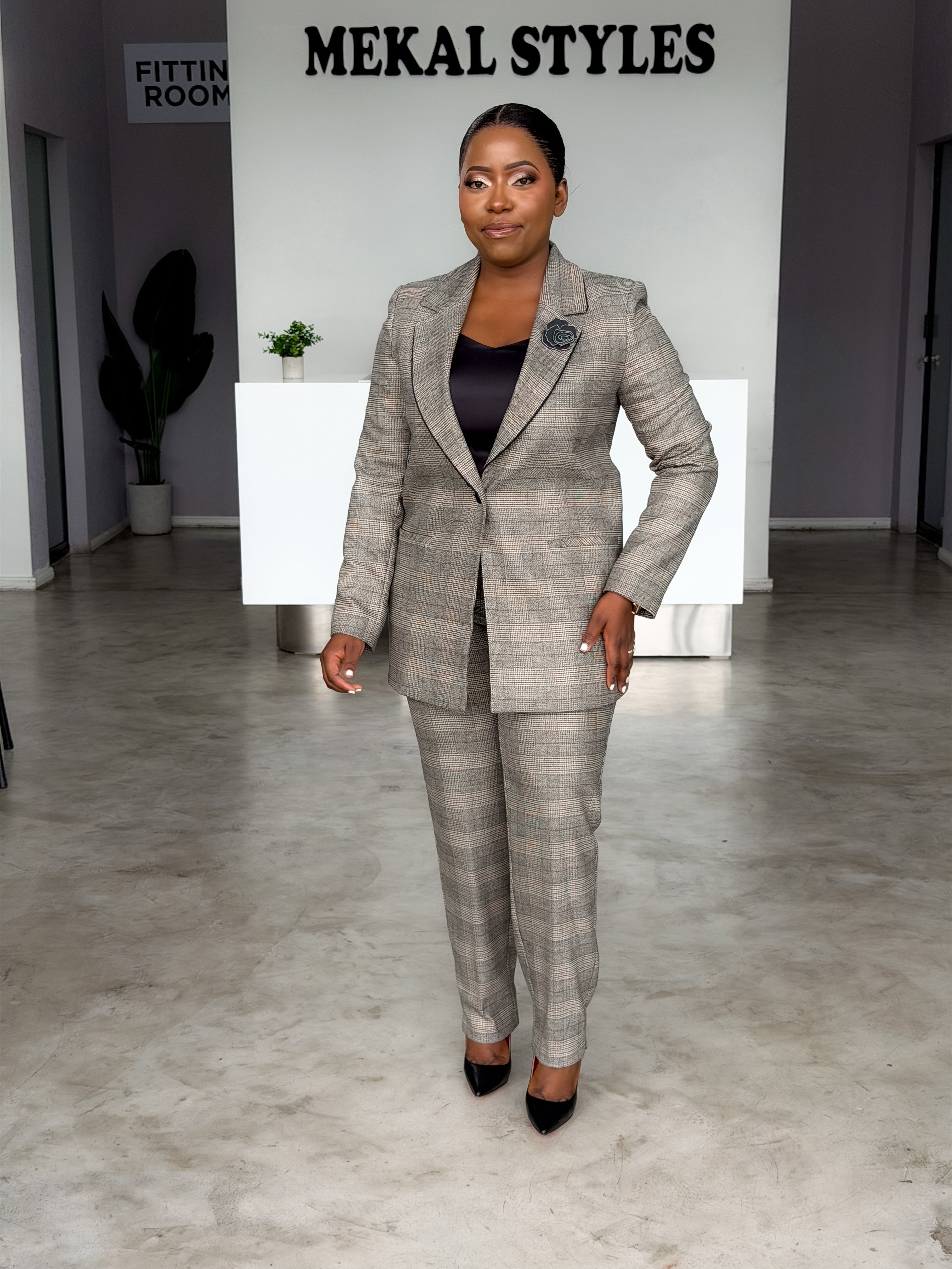 Checked Caramel Long Jacket Pant Suit