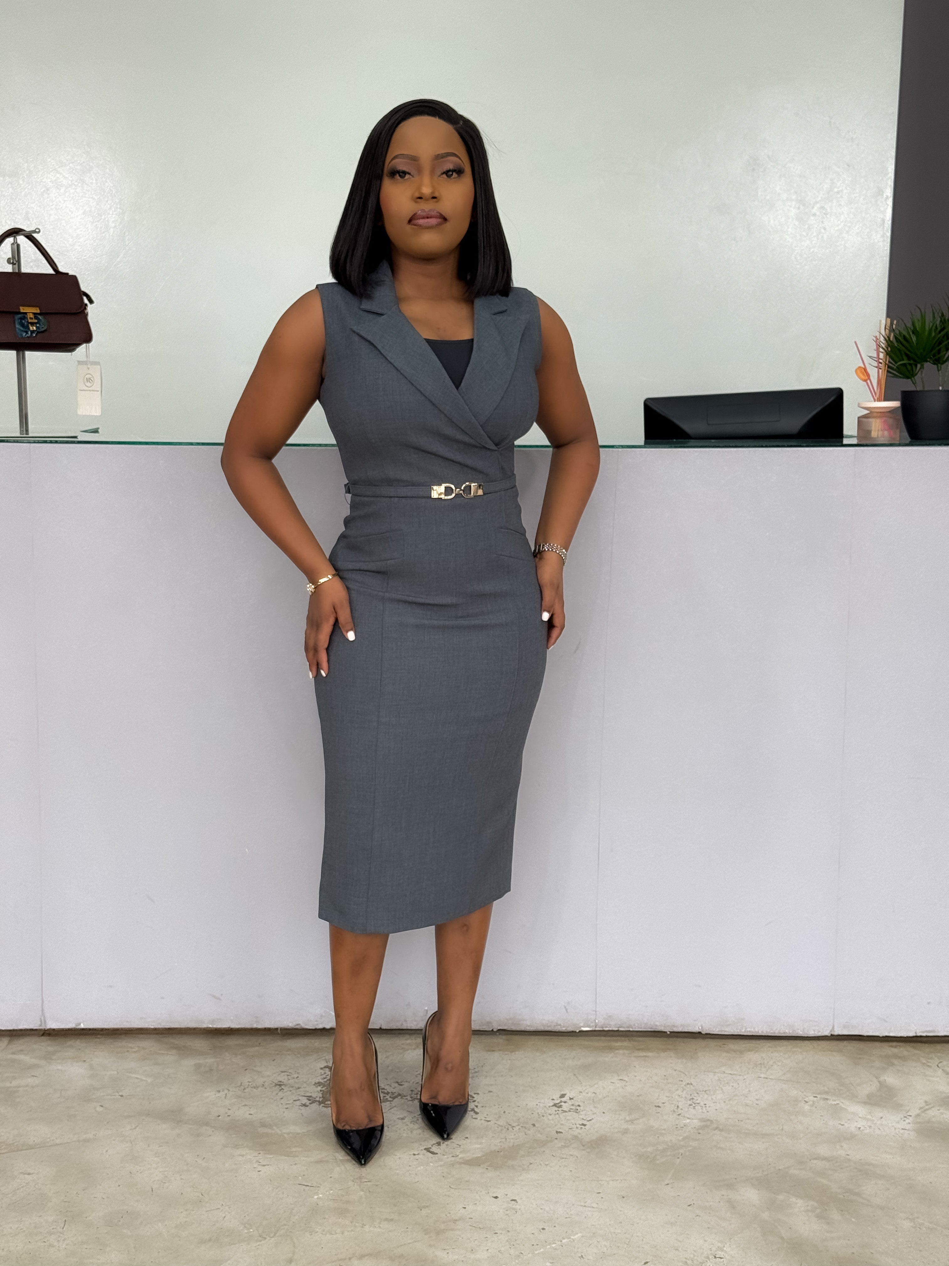 Grey Sleeveless Belted Dresses