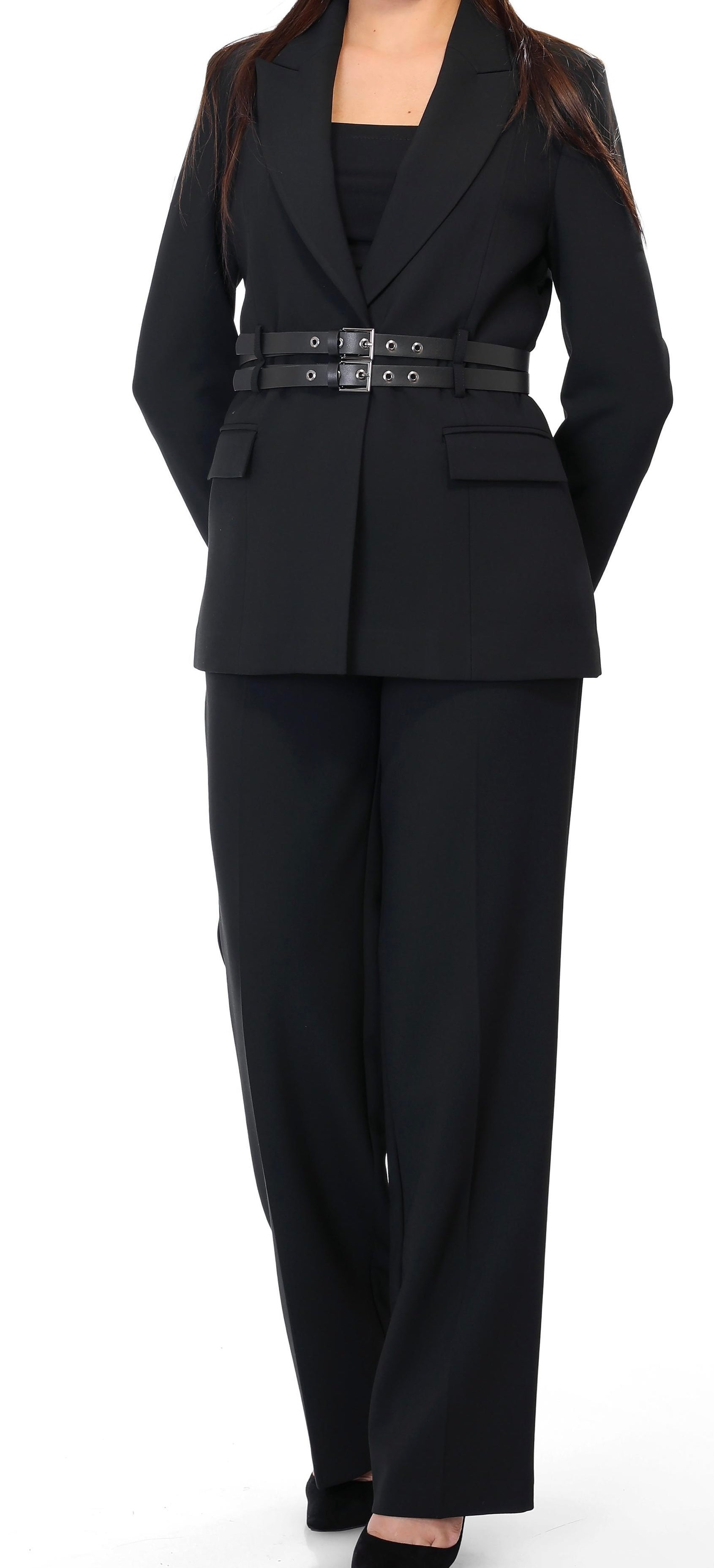 Belted Blazer Straight Pant Suit