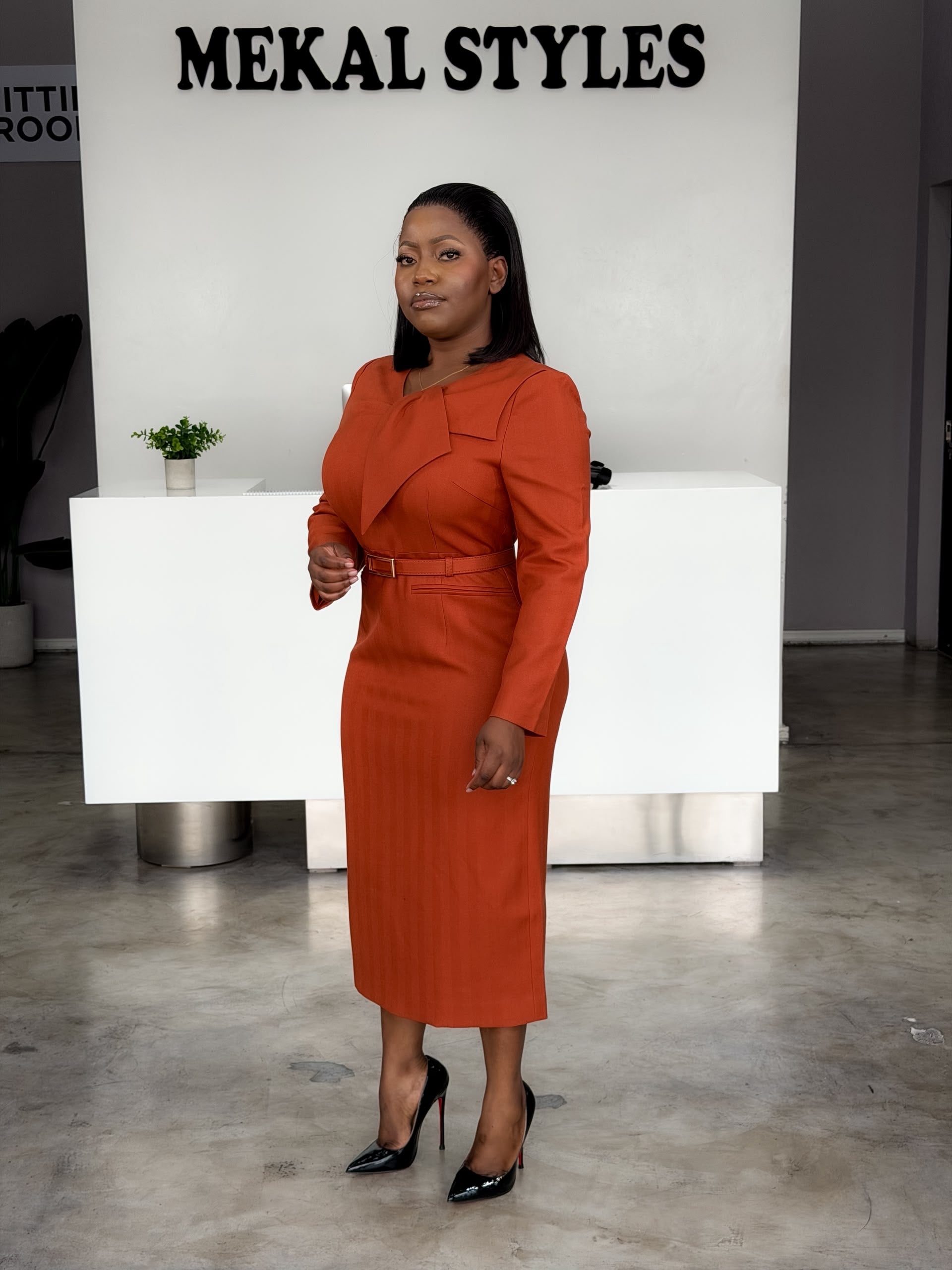 Burnt Orange Belted Dress